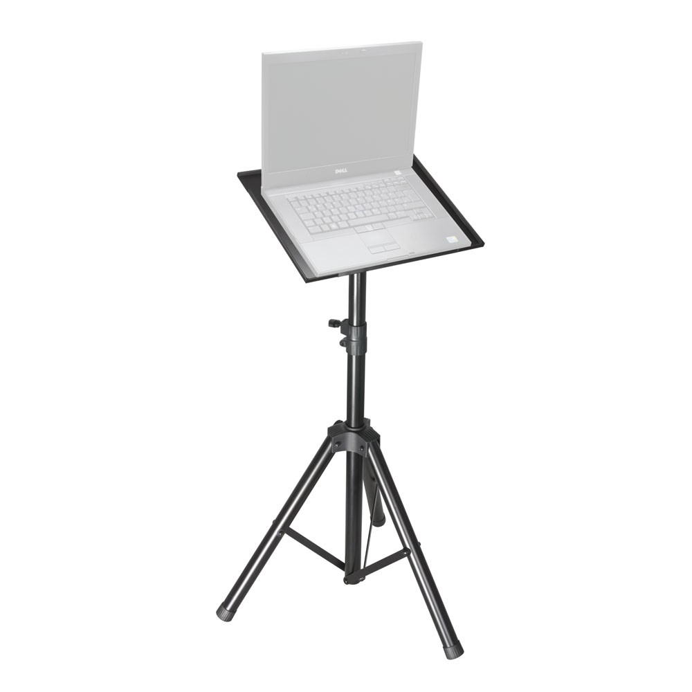 Schwarzer Laptopständer mit Laptop. Schwarz-Silber-Farben.
