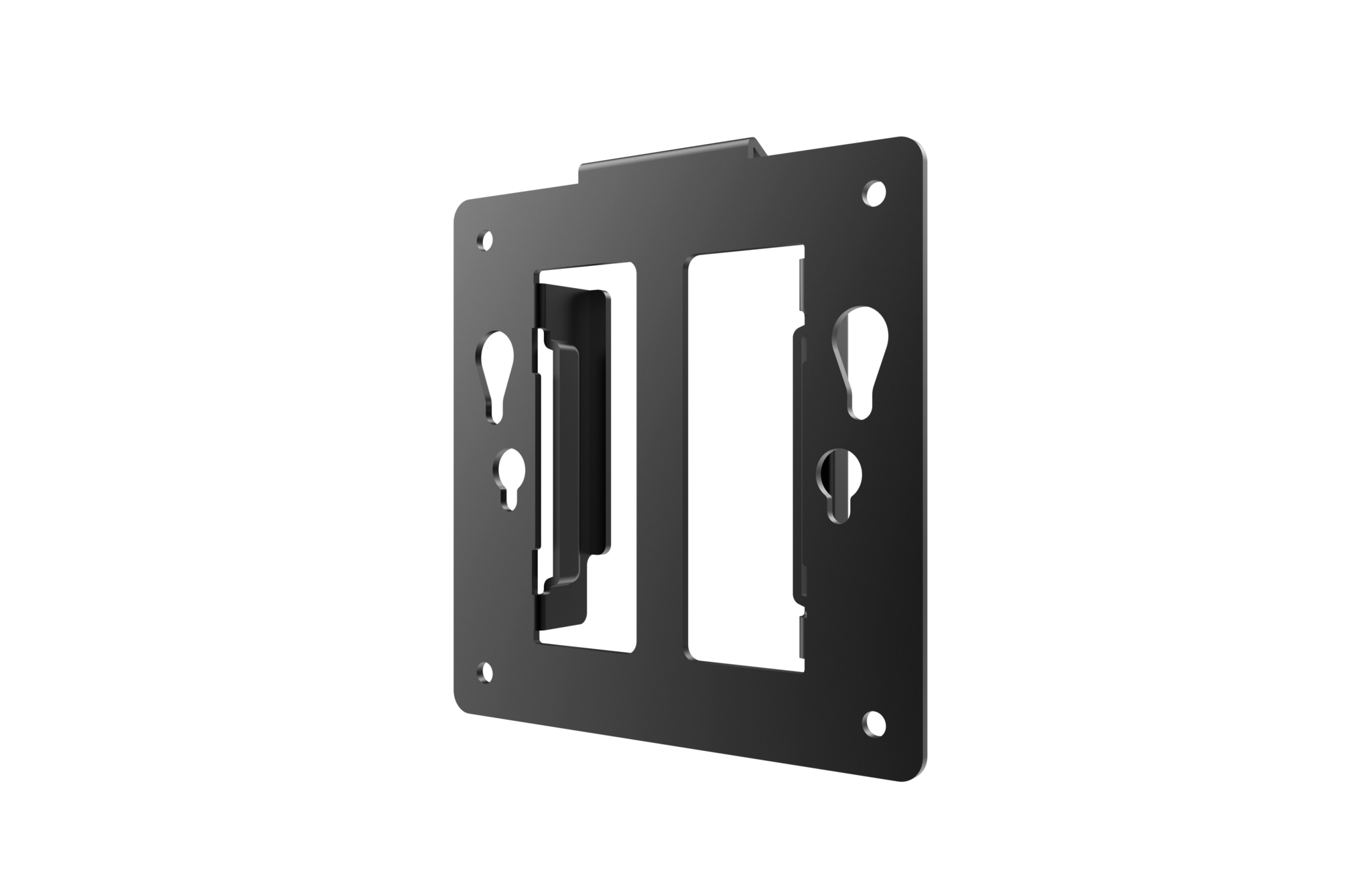 Plaque carrée métallique noire avec conception de montage spécifique. Fond blanc.