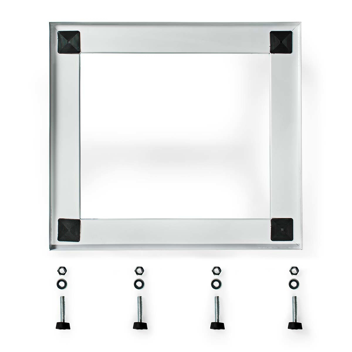 A square glass panel with black corner pads and four screws, against a white background.