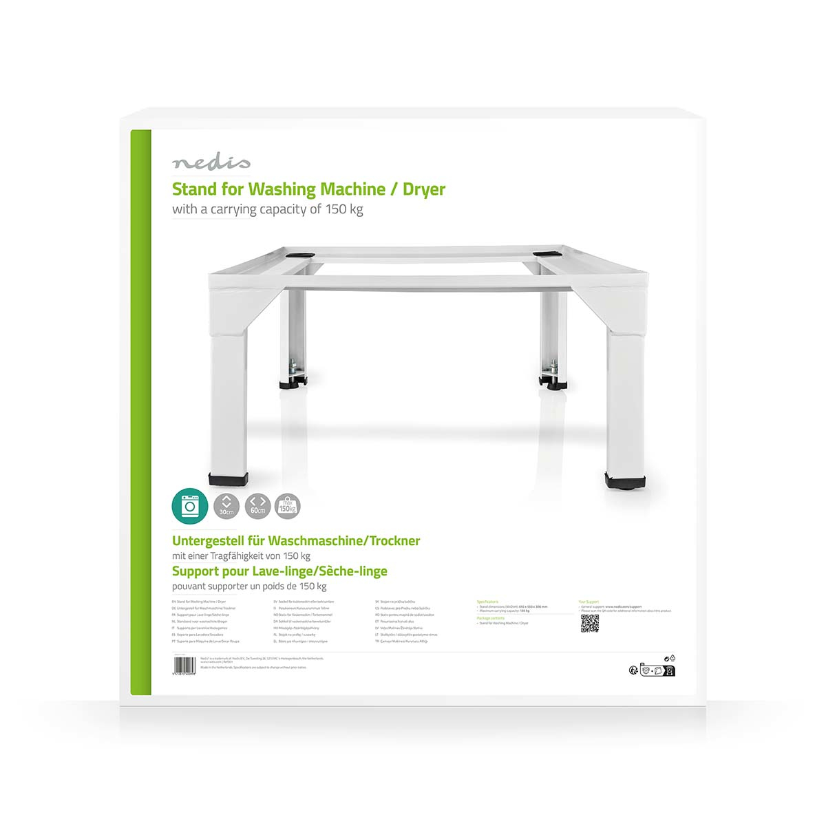 White stand for washing machine and dryer with a carrying capacity of 150 kg.