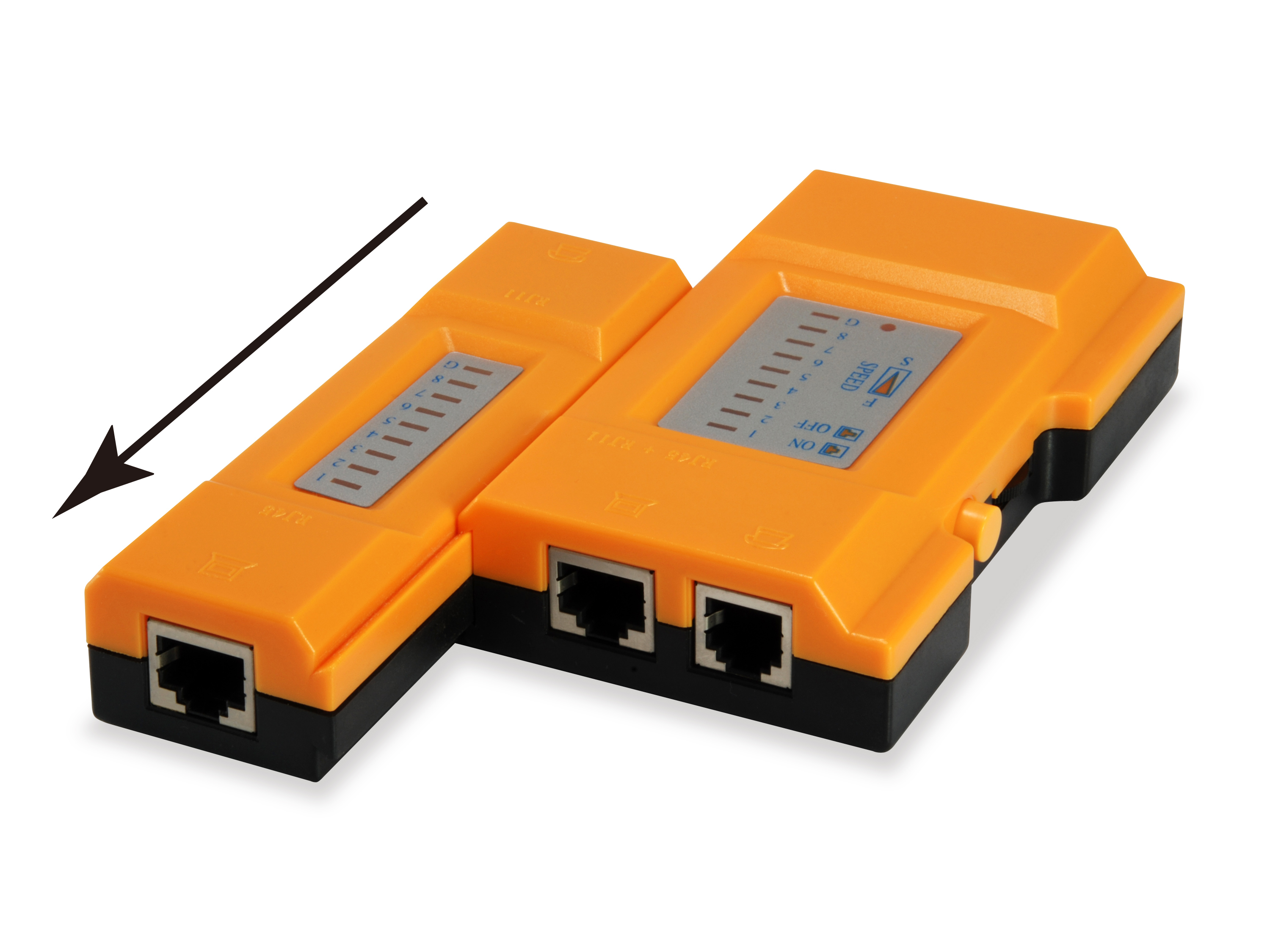 Zwei orangefarbene RJ45-Netzwerkkabeltester auf weißem Untergrund, mit Pfeil.