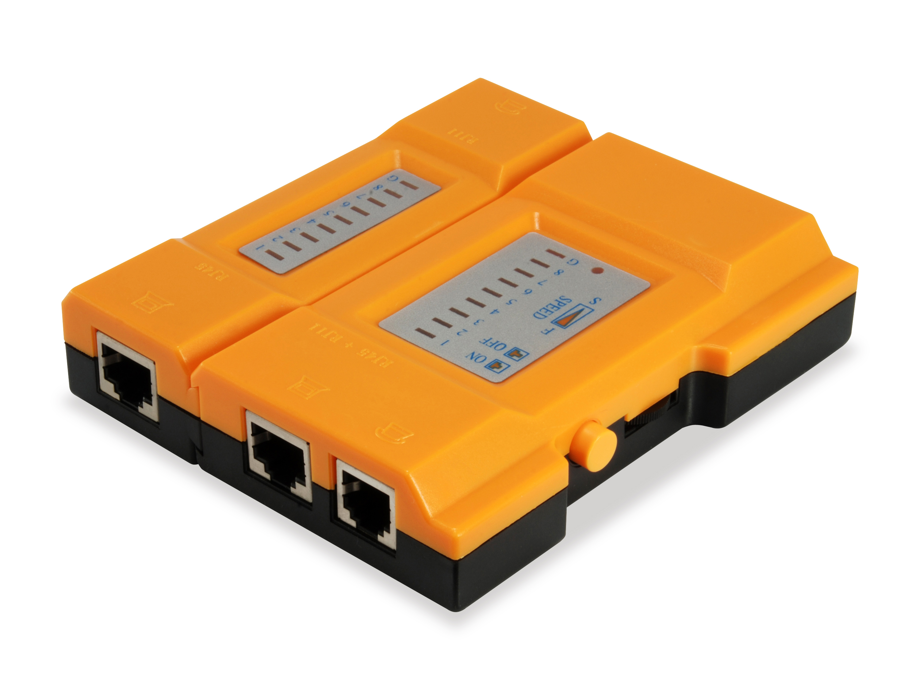Oranger und schwarzer Netzwerkkabeltester. Zwei RJ45-Anschlüsse. Weißer Hintergrund.