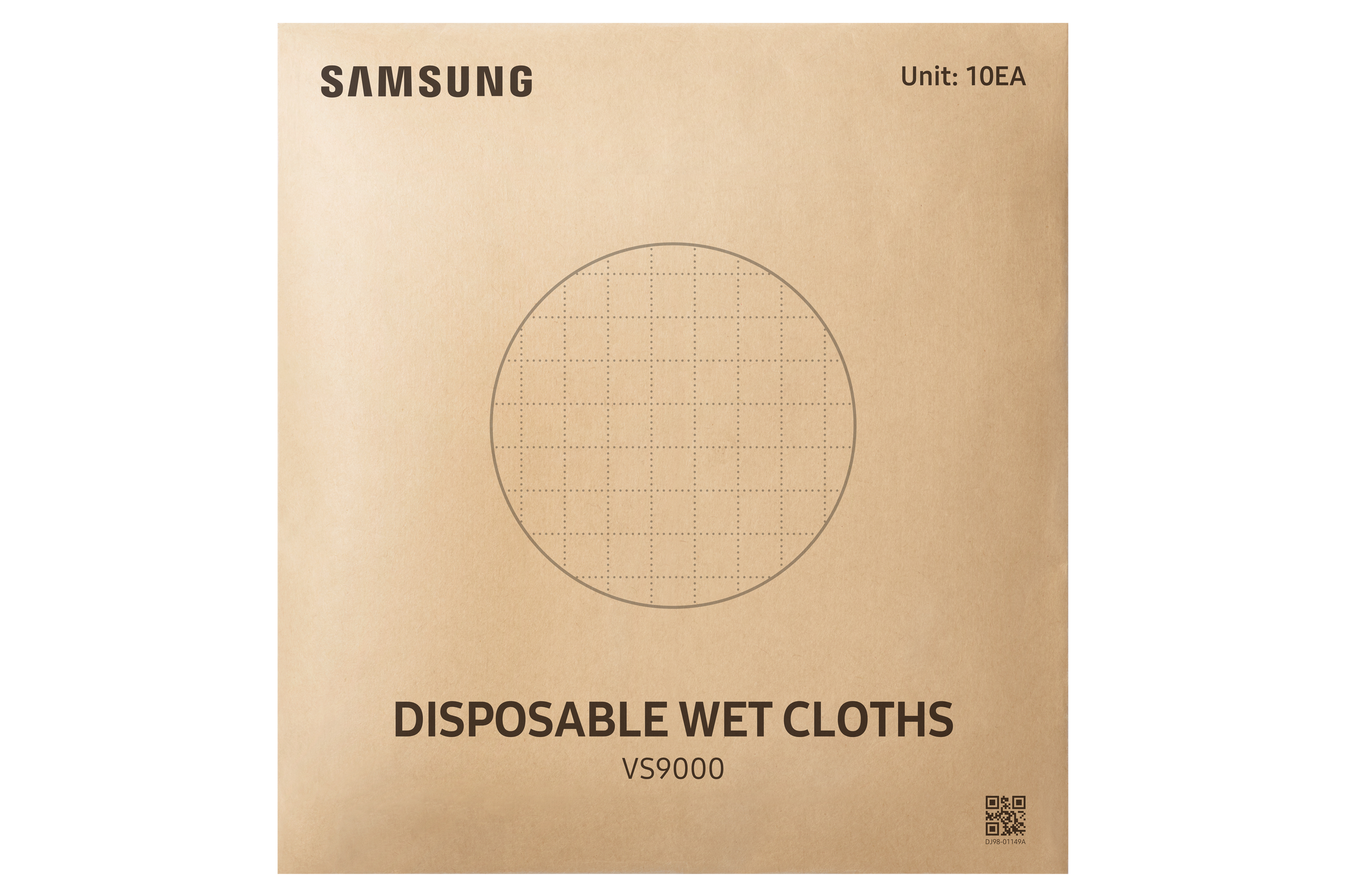 Brązowe opakowanie z siatkowym wzorem i napisem: Disposable Wet Cloths. Marka to Samsung.