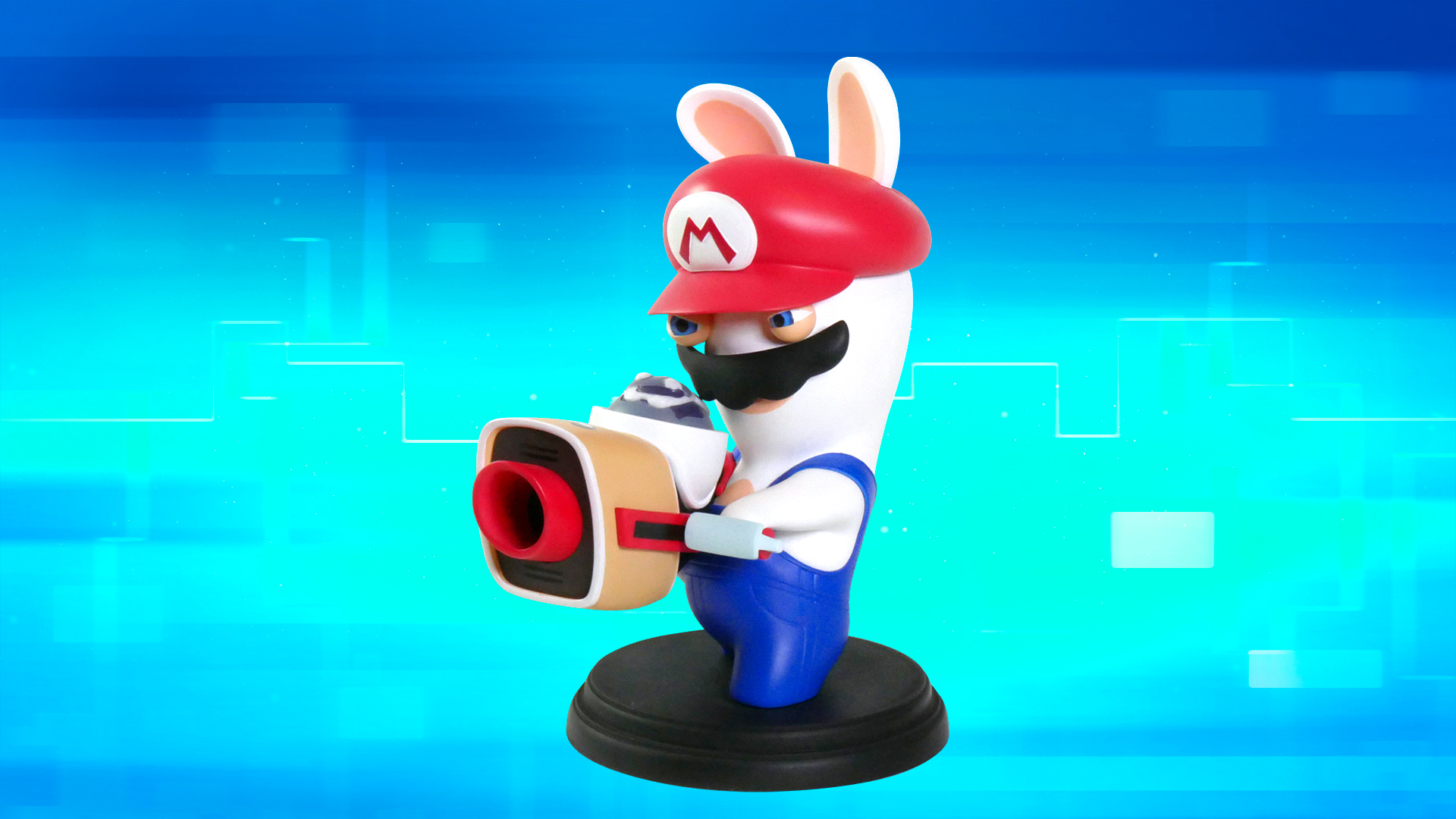 Mario Rabbid Figur mit Blaster. Hintergrund ist ein blaues Digitaldesign.