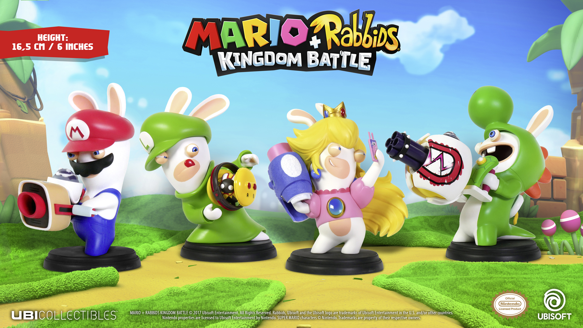 Cztery figurki Rabbids z gry Mario + Rabbids: Kingdom Battle. Znajdują się na kolorowym tle.