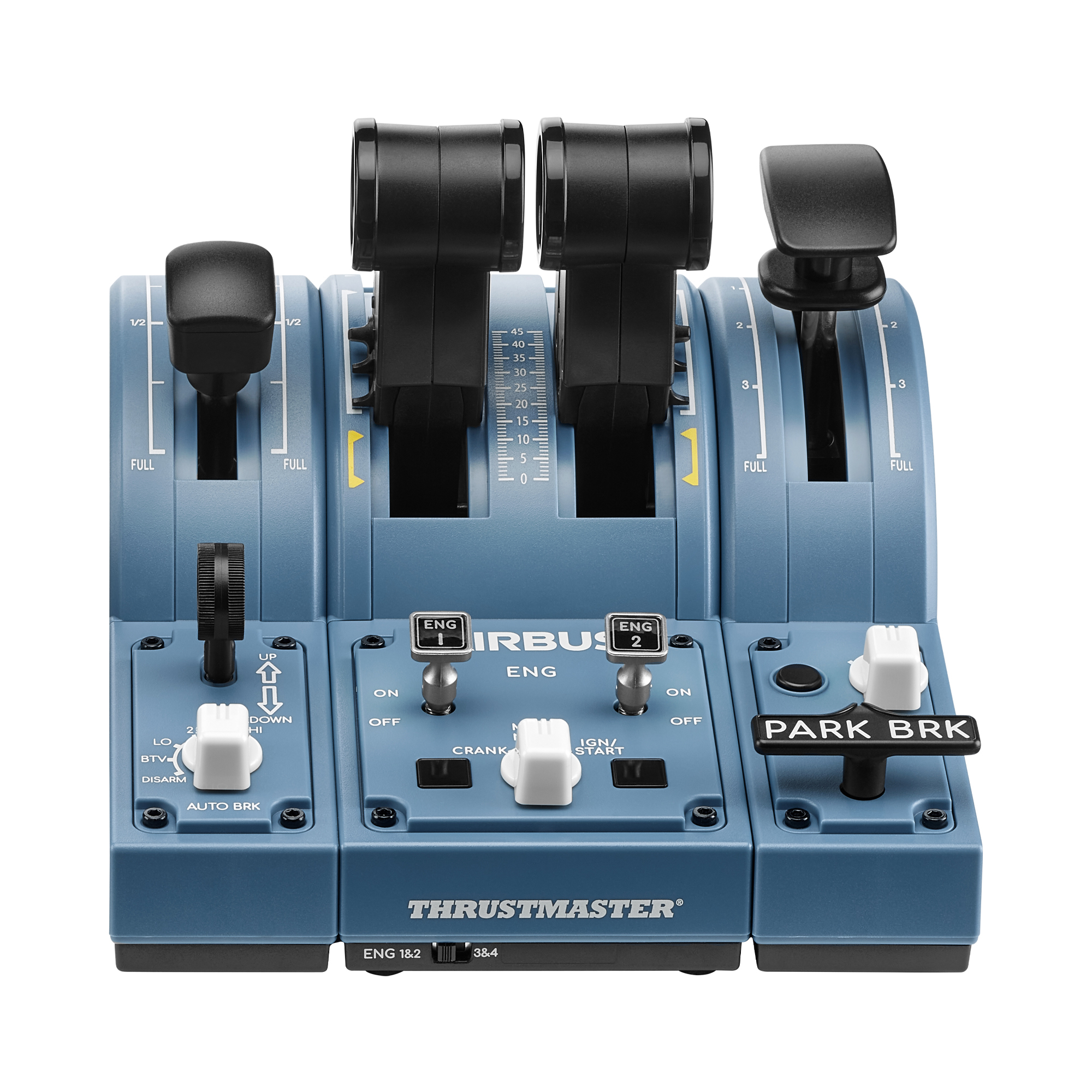 Flight simulator throttle. Includes levers and controls for Airbus. The background is white.