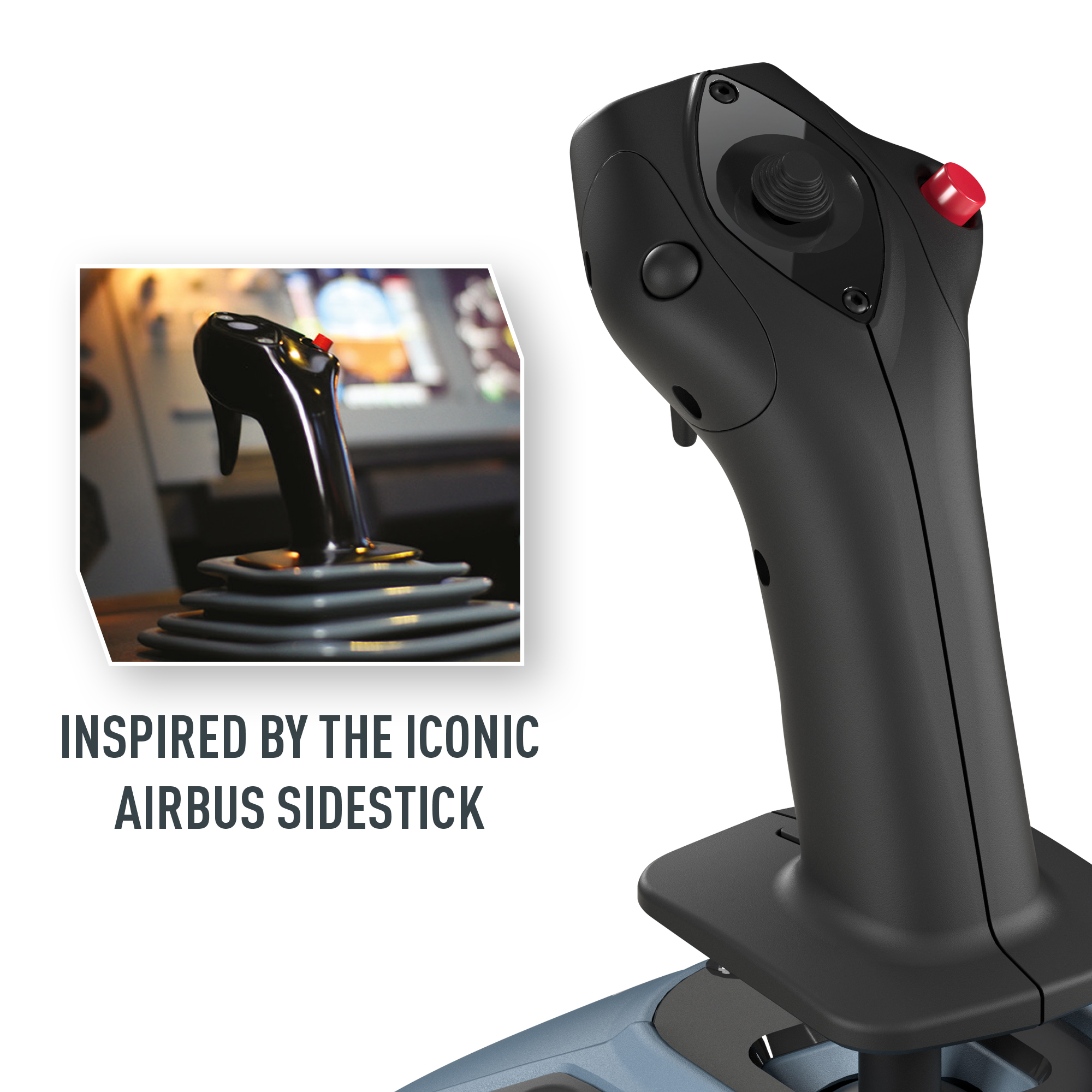 Black and gray flight stick with red button, inspired by the Airbus sidestick.