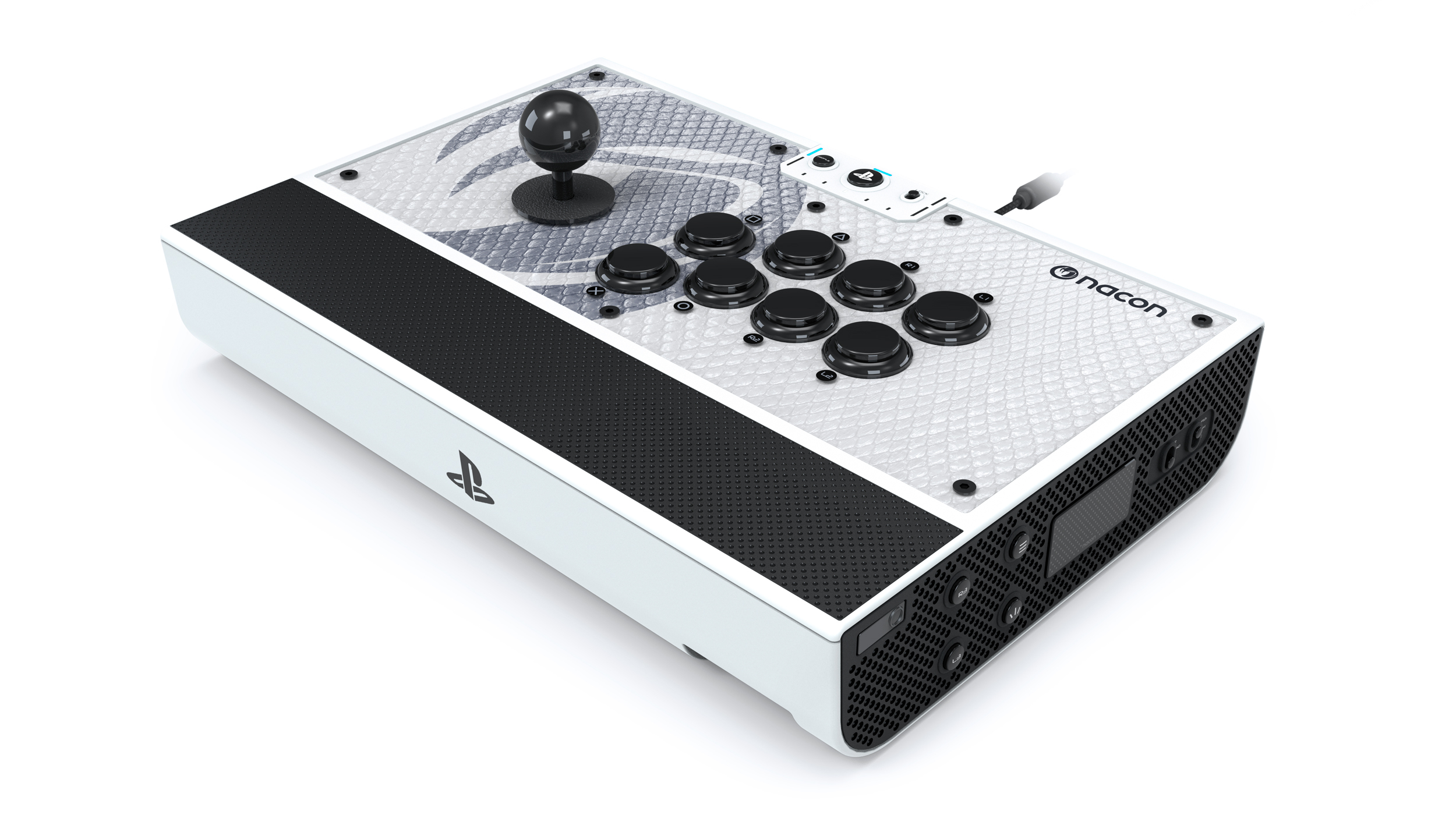Weißer und schwarzer Gaming-Joystick mit schwarzen Knöpfen und einem Joystick-Ball.