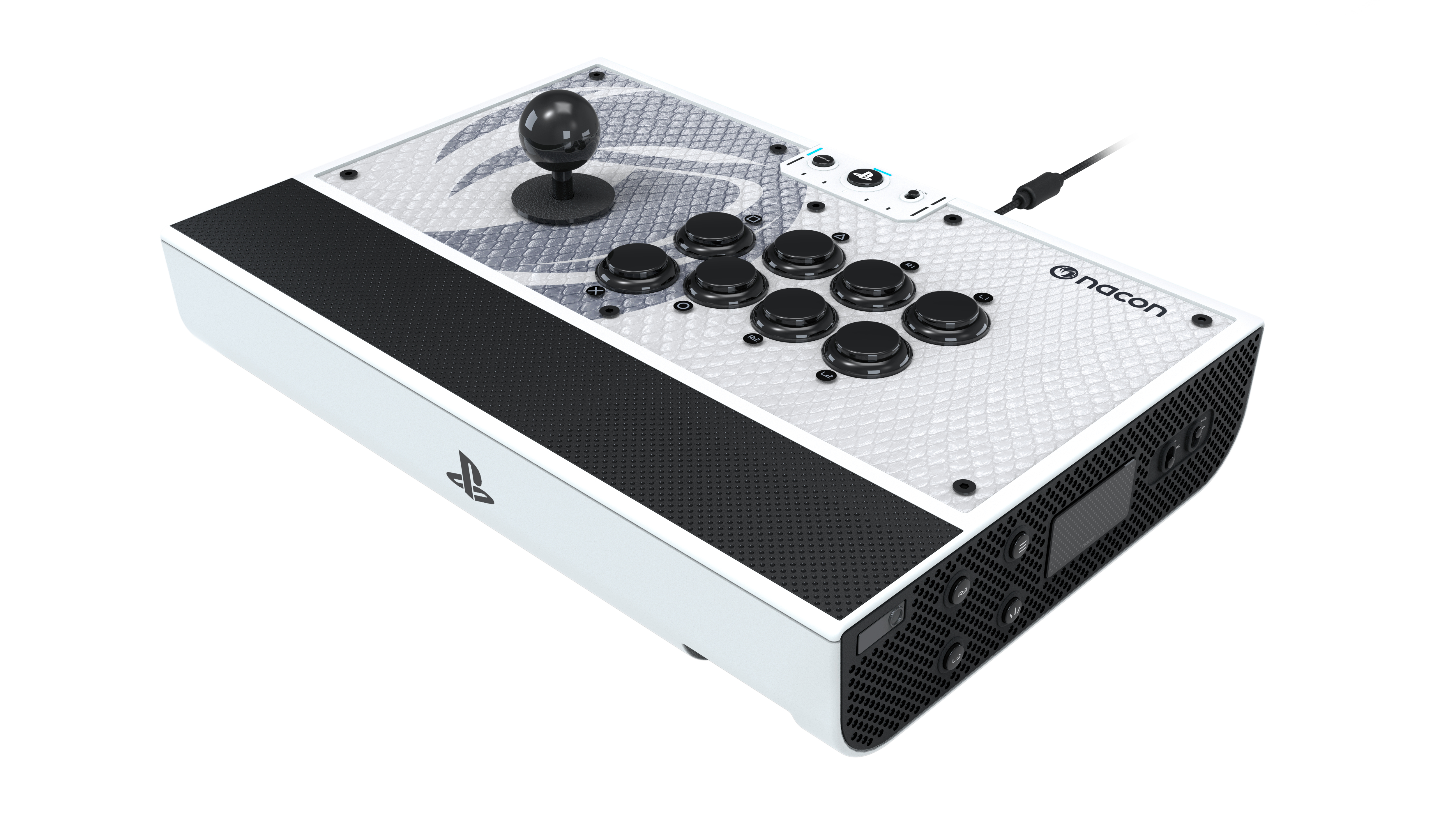 Weiß-schwarzer Gaming-Joystick mit Knöpfen und Joystick auf weißer Oberfläche.