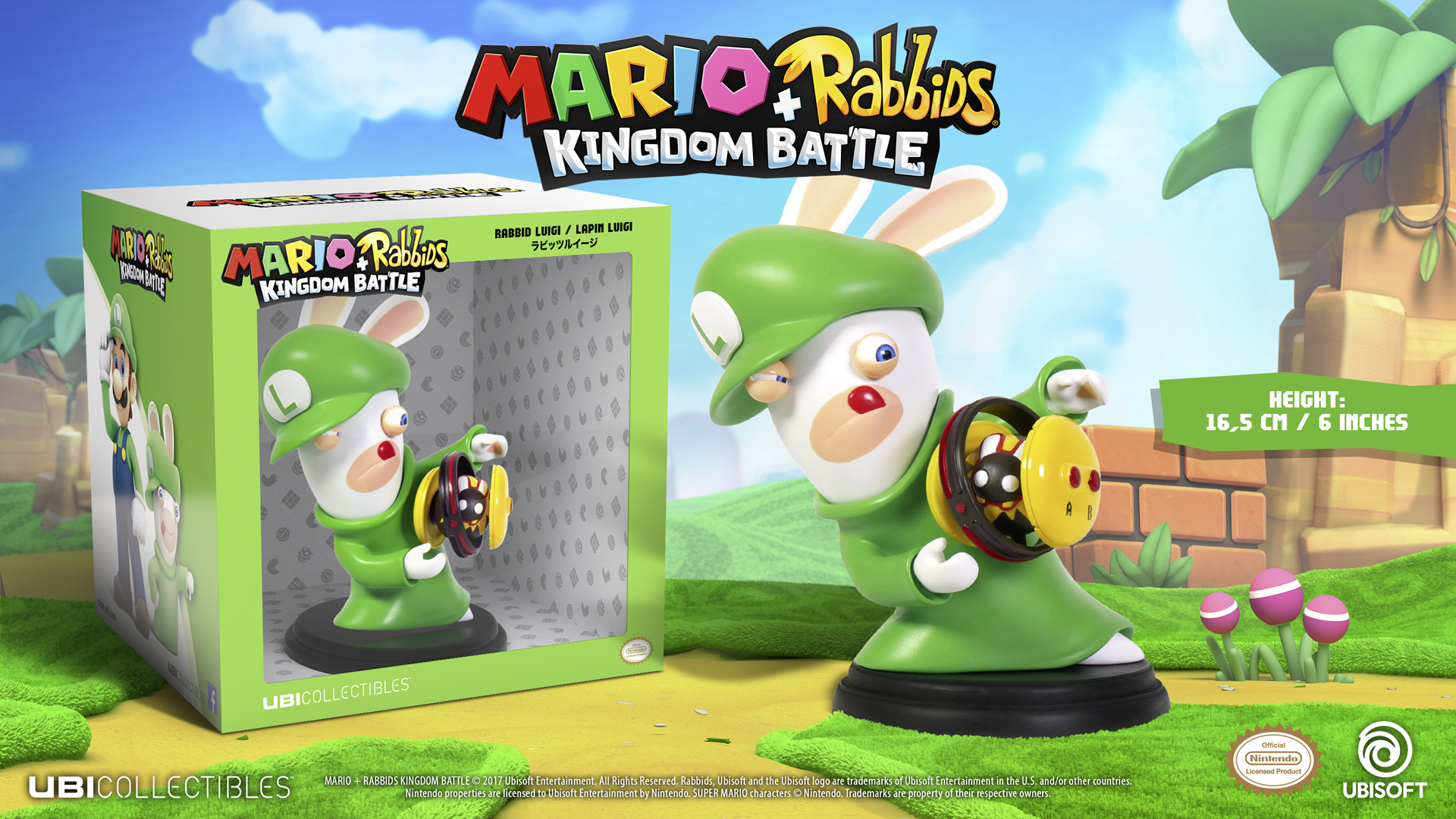 Mario + Rabbids Kingdom Battle Figur mit Verpackung. Die Figur ist ein Rabbid, der als Luigi verkleidet ist. Grüner Hintergrund.