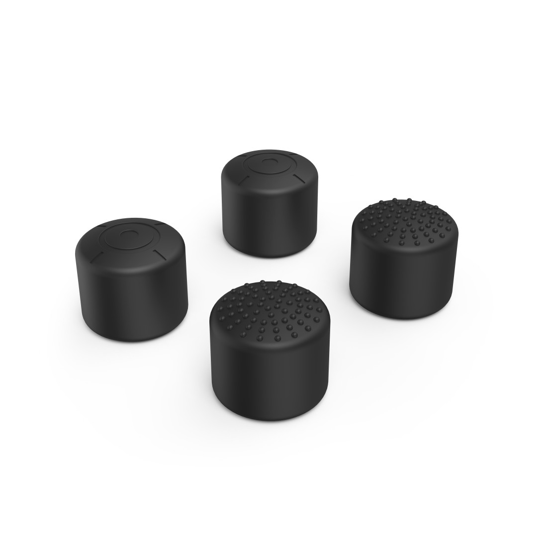 Vier schwarze Joystick-Daumengriffe mit verschiedenen Texturen auf weißem Hintergrund.
