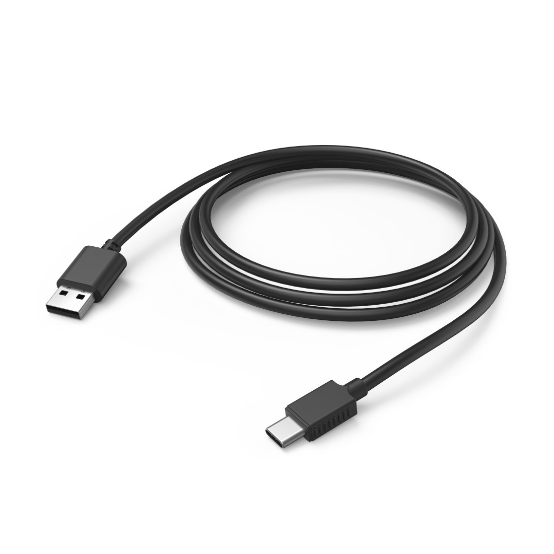 Schwarzes USB-zu-USB-C-Kabel auf weißem Grund, kreisförmig aufgerollt.