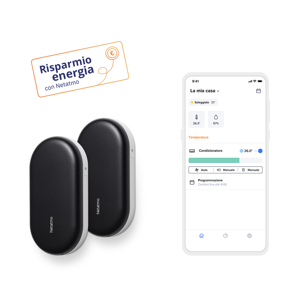 Two Netatmo devices next to a smartphone displaying the Netatmo app interface.
