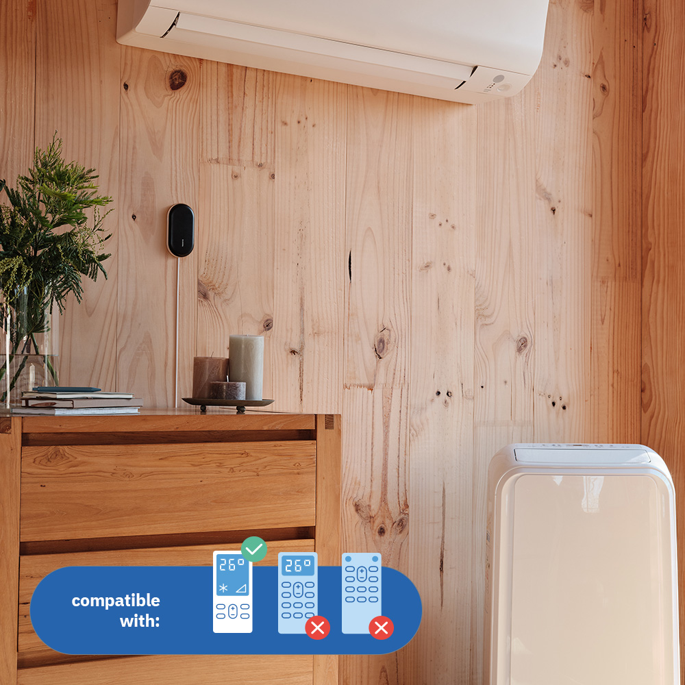 Room with wooden paneling, a table, and an air conditioner. Compatible remote options with checkmarks and crosses.