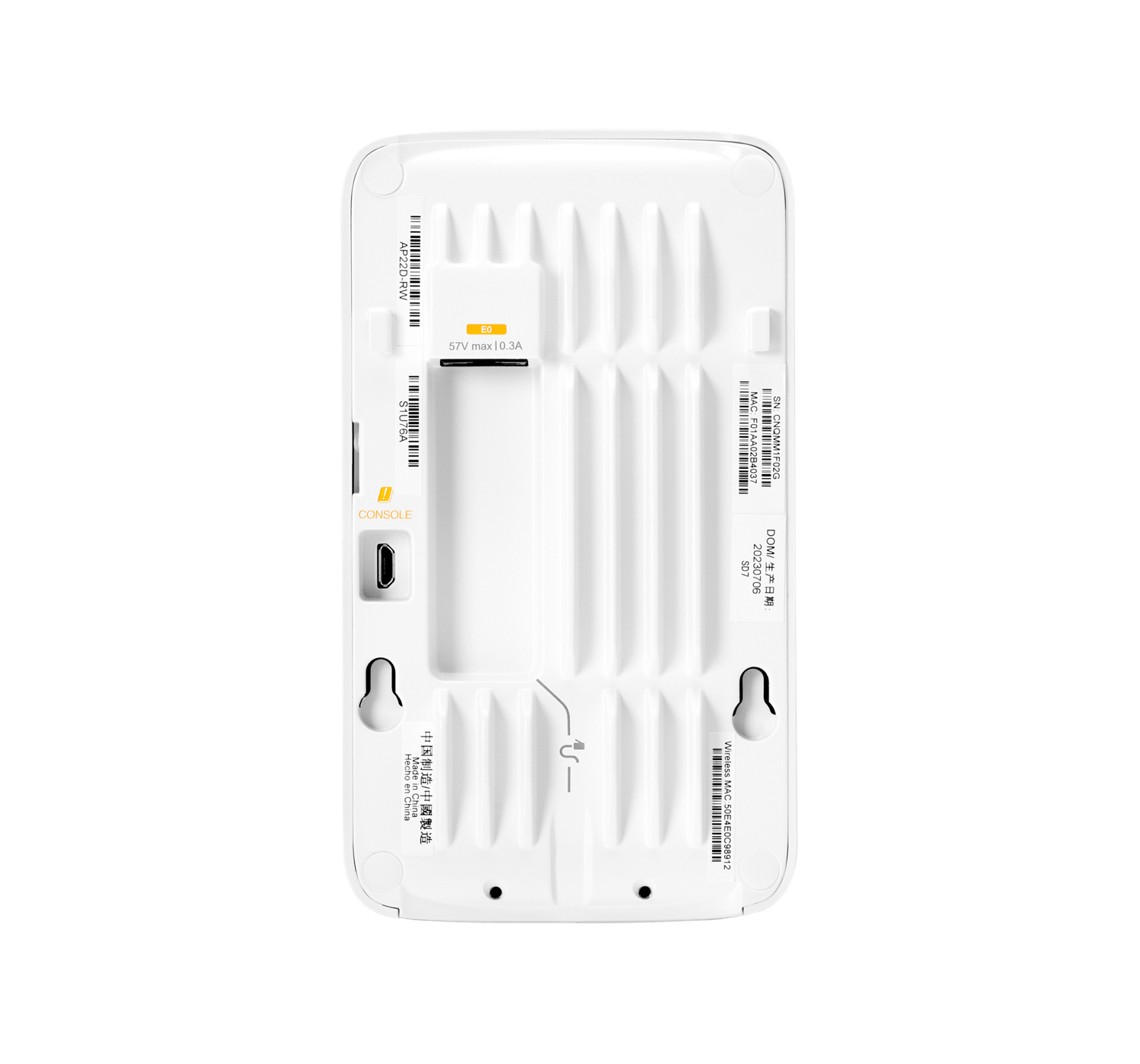 Tył białego urządzenia z portami i etykietami. Widoczny port konsoli. Antena i numery seryjne.