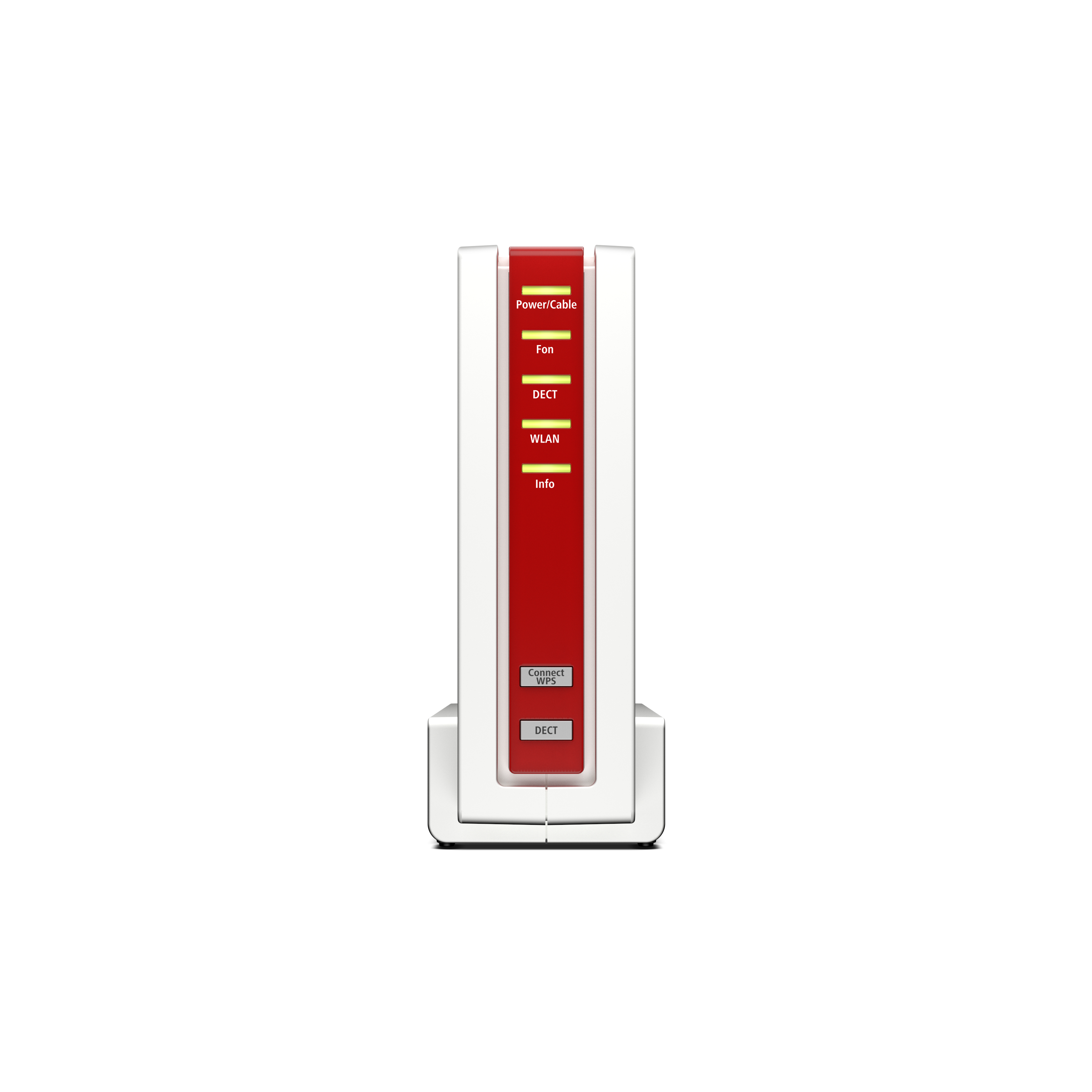Weißer Router mit roten und gelben Kontrollleuchten. Weißer Hintergrund.