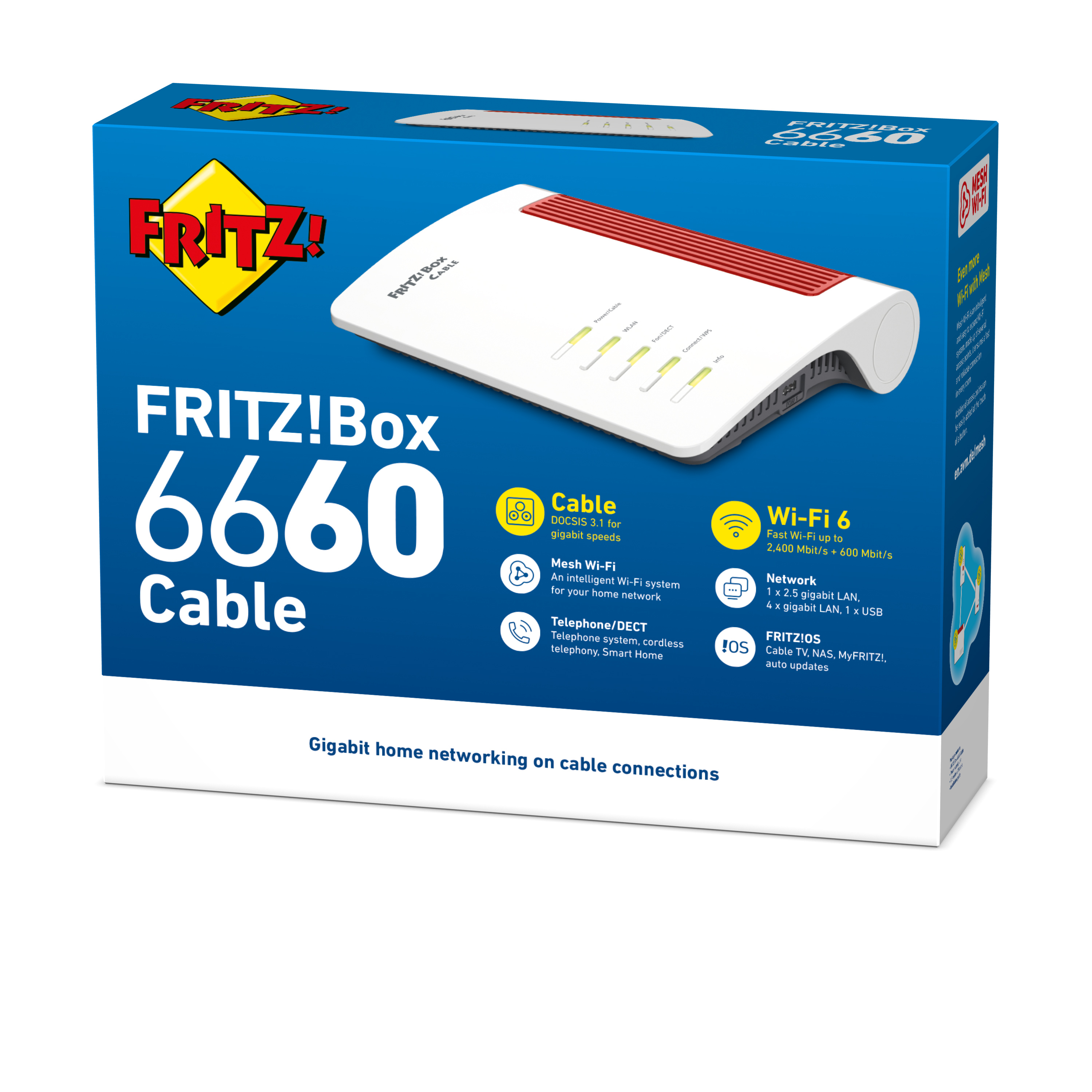 Een witte en rode FRITZ!Box 6660 Cable routerbox met iconen, tekst en afbeeldingen.