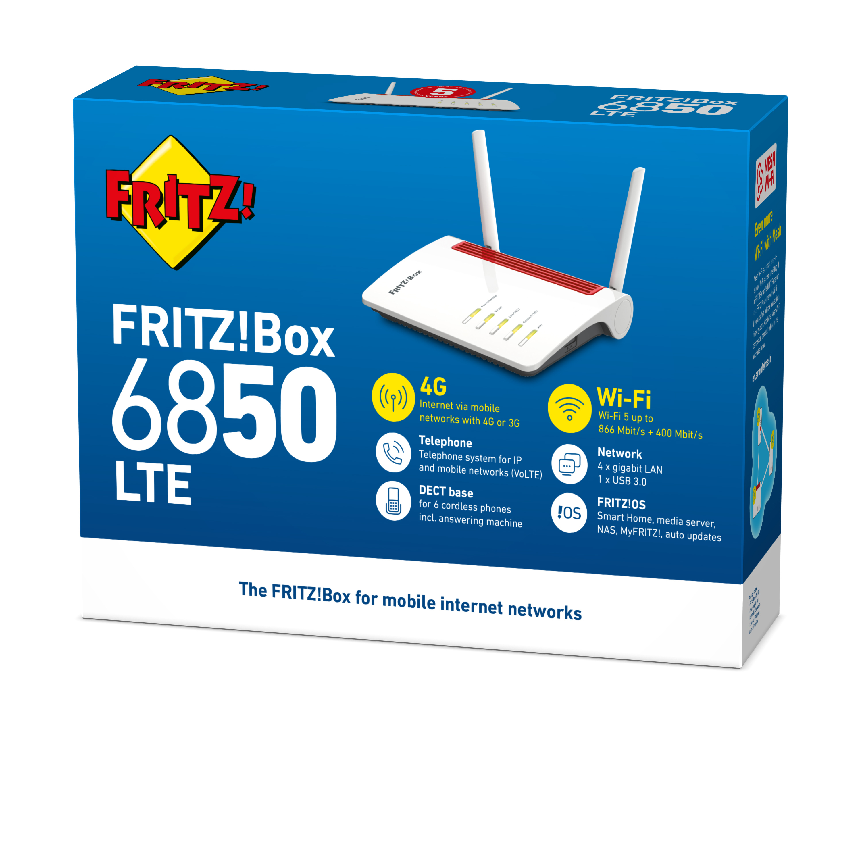 Pudełko do routera FRITZ!Box 6850 LTE. Ma biało-czerwony obraz routera i szczegóły dotyczące funkcji.