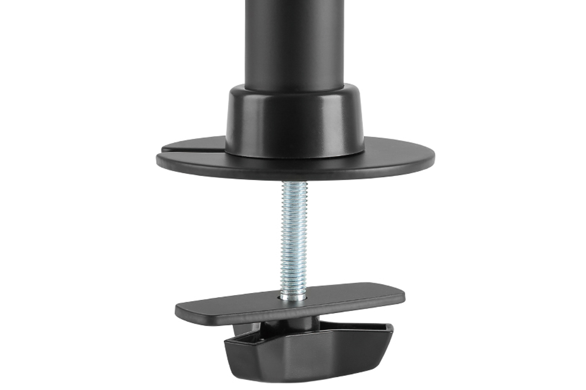 Czarny zacisk do statywu monitora, ze śrubą i płytą do mocowania do biurka.
