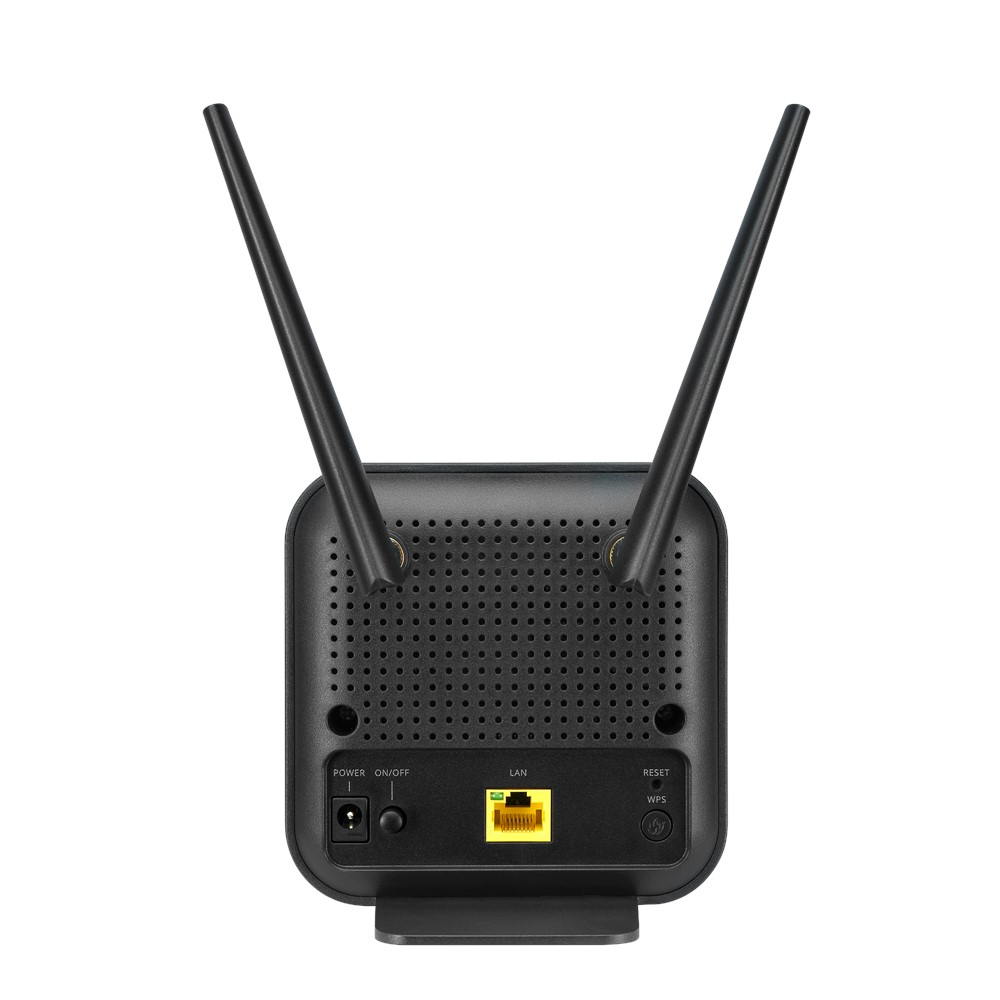Router nero con due antenne, porte sul retro. Marca D-Link.