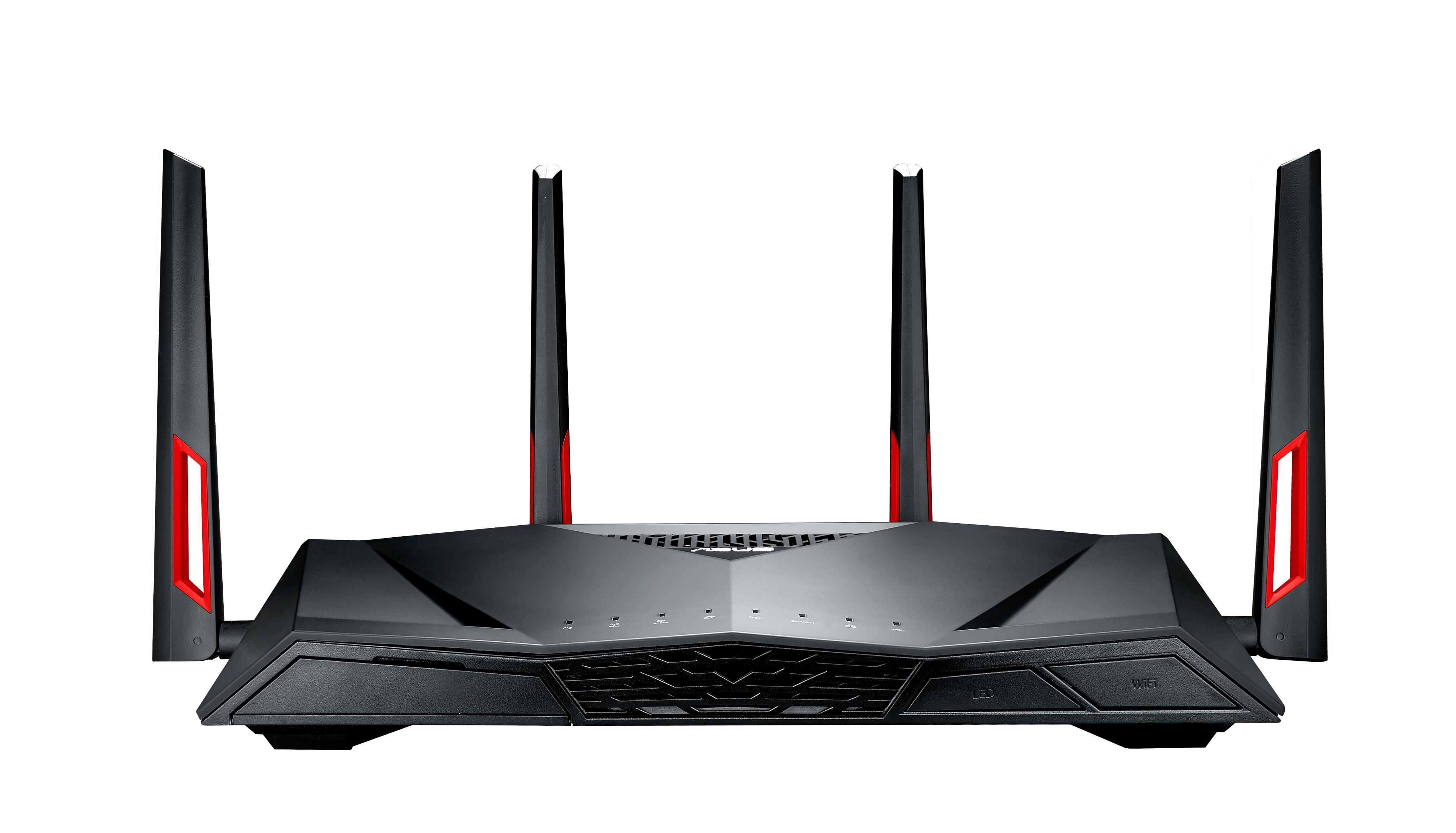 Router negro con cuatro antenas altas. Luces rojas en las antenas. Panel frontal con ventilación y LED.