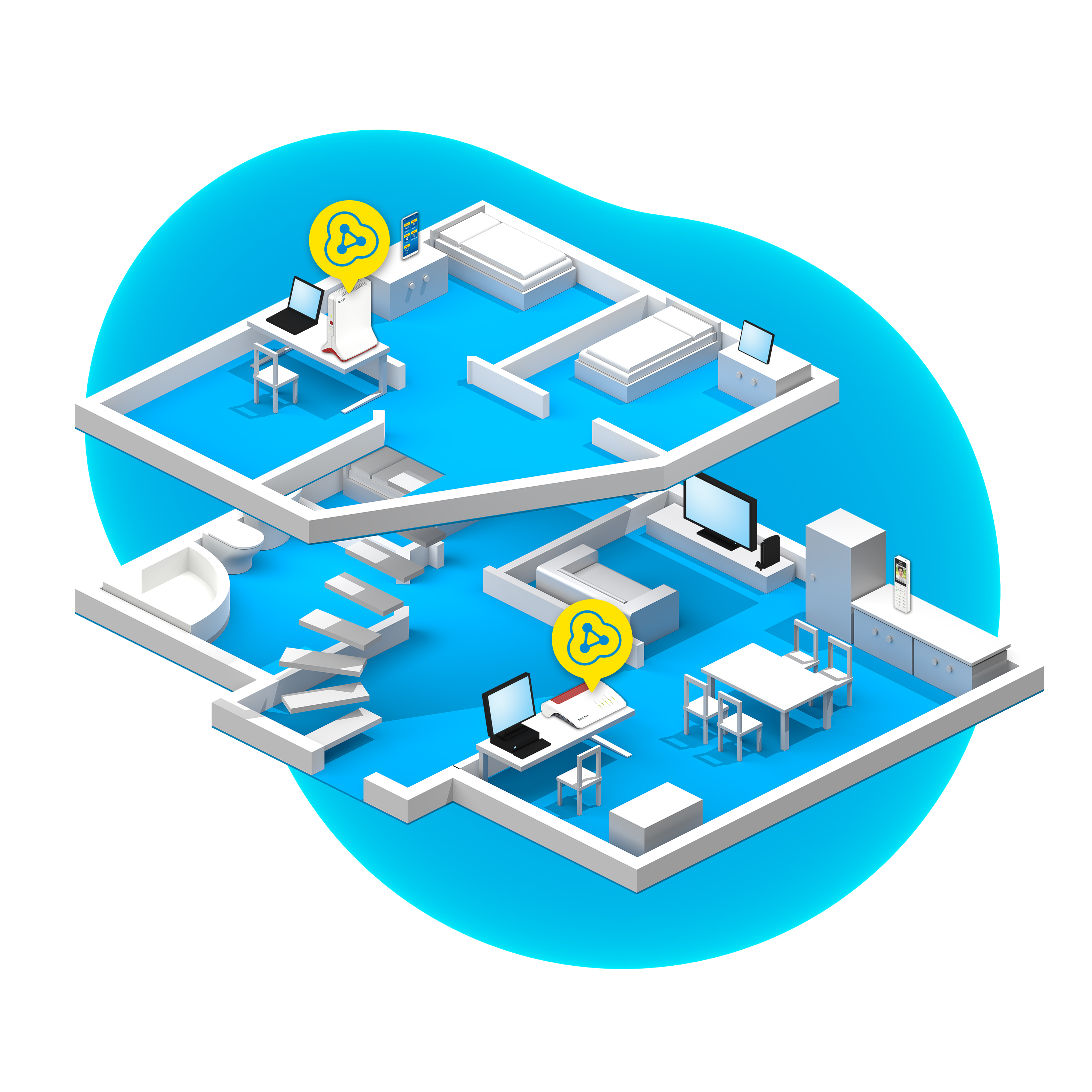 Isometrische Darstellung eines Hausplans mit Möbeln, Computern und WLAN-Symbolen.