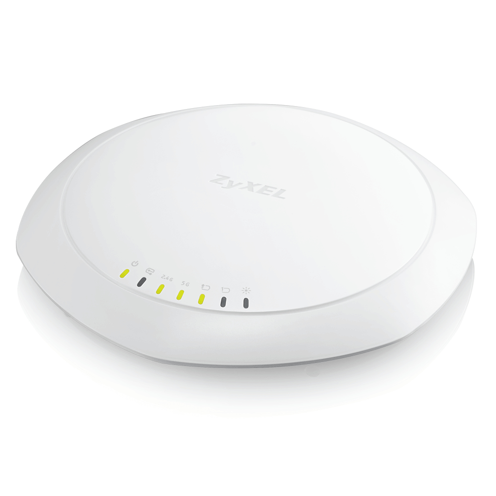 Access point Zyxel bianco con spie luminose, isolato su bianco.