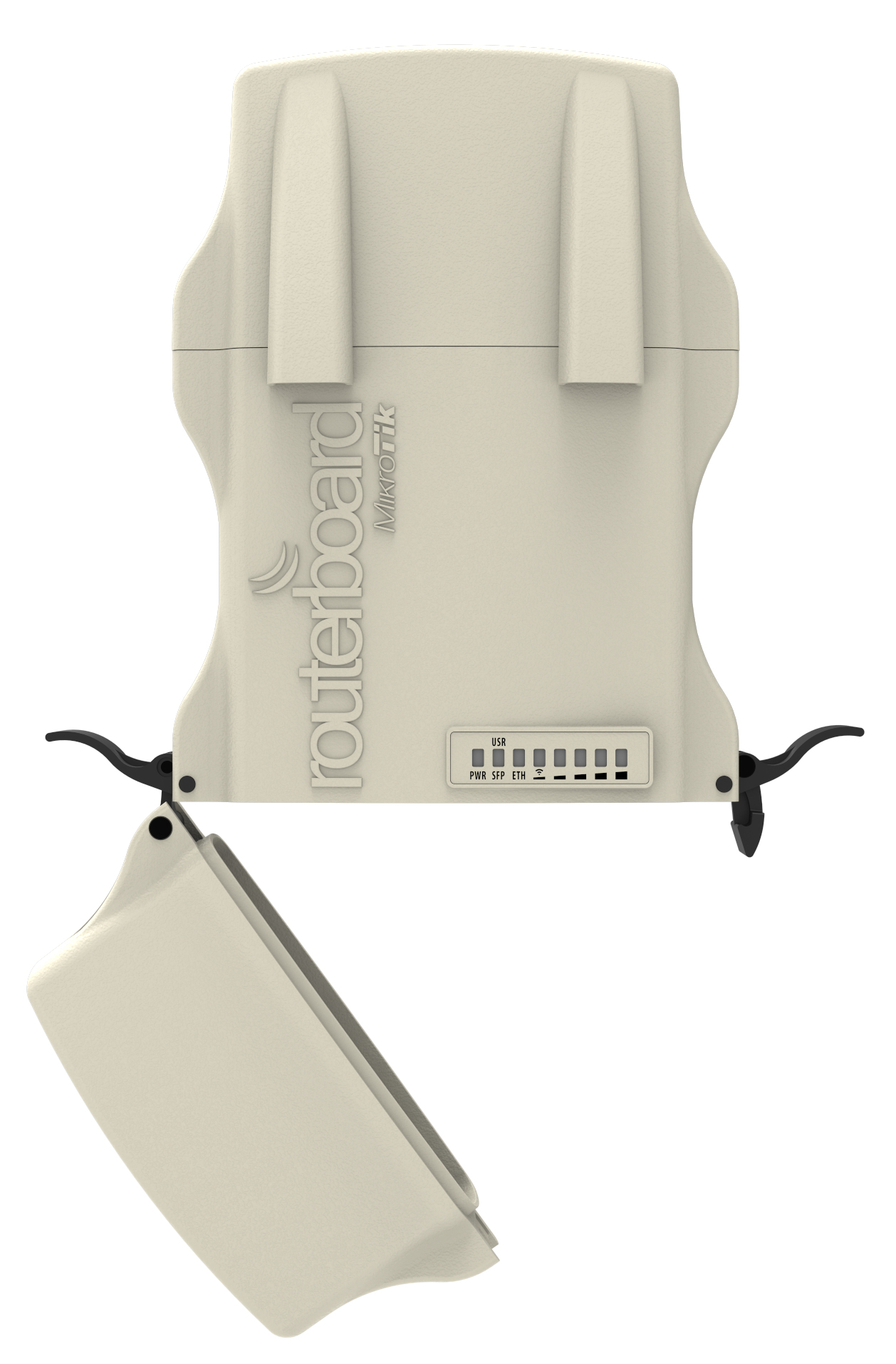 Dispositivo routerboard bianco sporco. Il dispositivo è aperto e ha un'etichetta e spie.