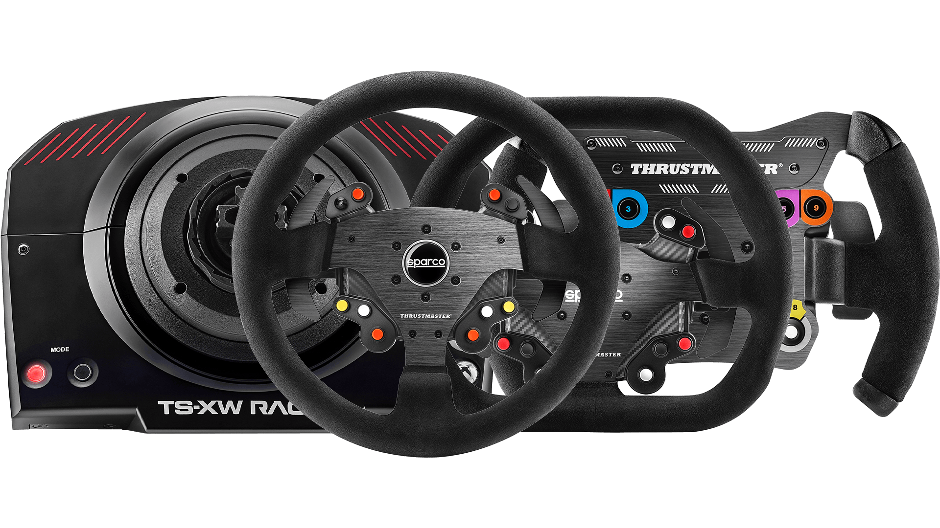 Racing wheel setup: steering wheels and base. Multiple buttons and controls.