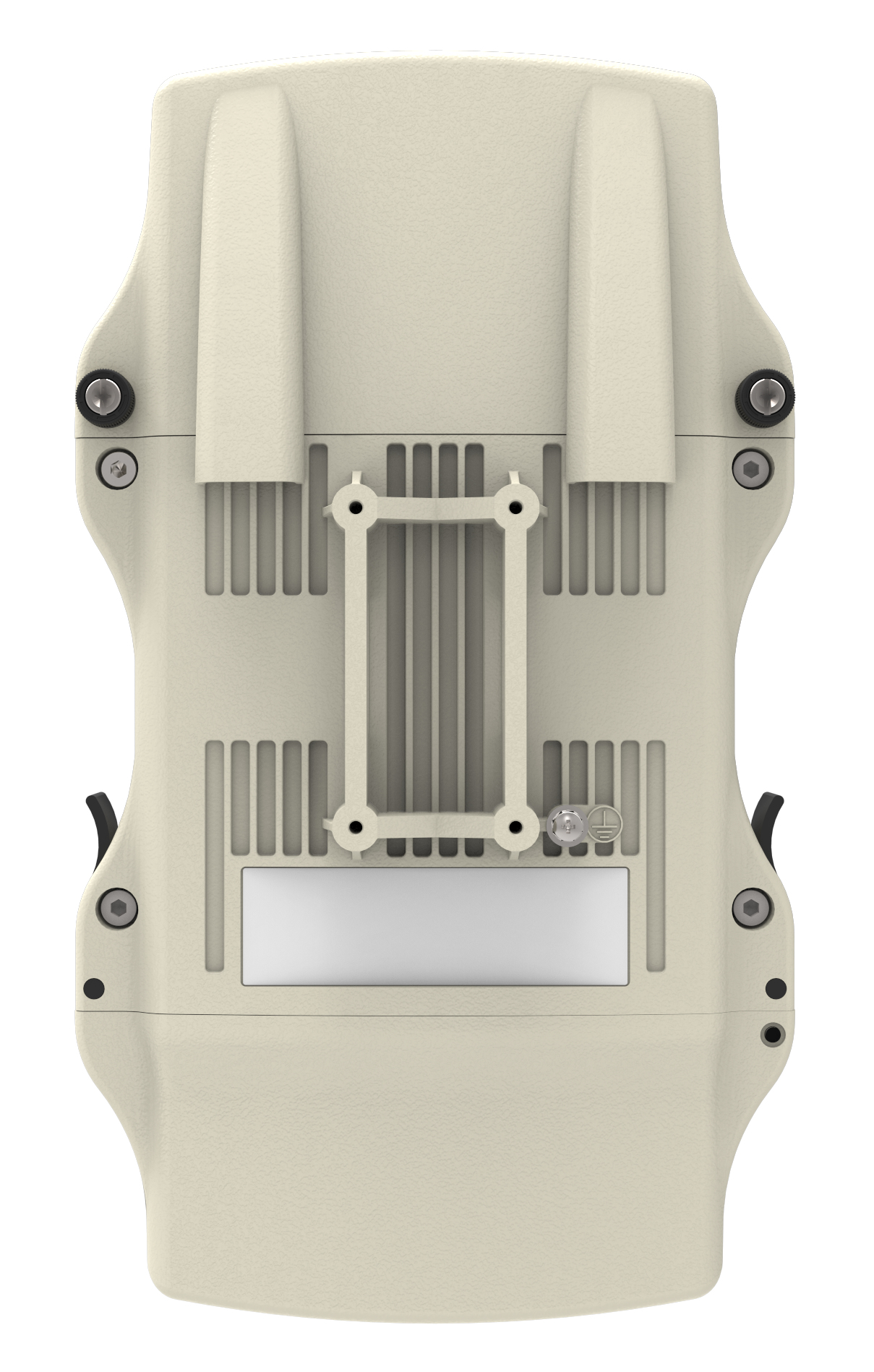 Dispositivo rettangolare beige con varie viti e una staffa metallica su sfondo bianco.
