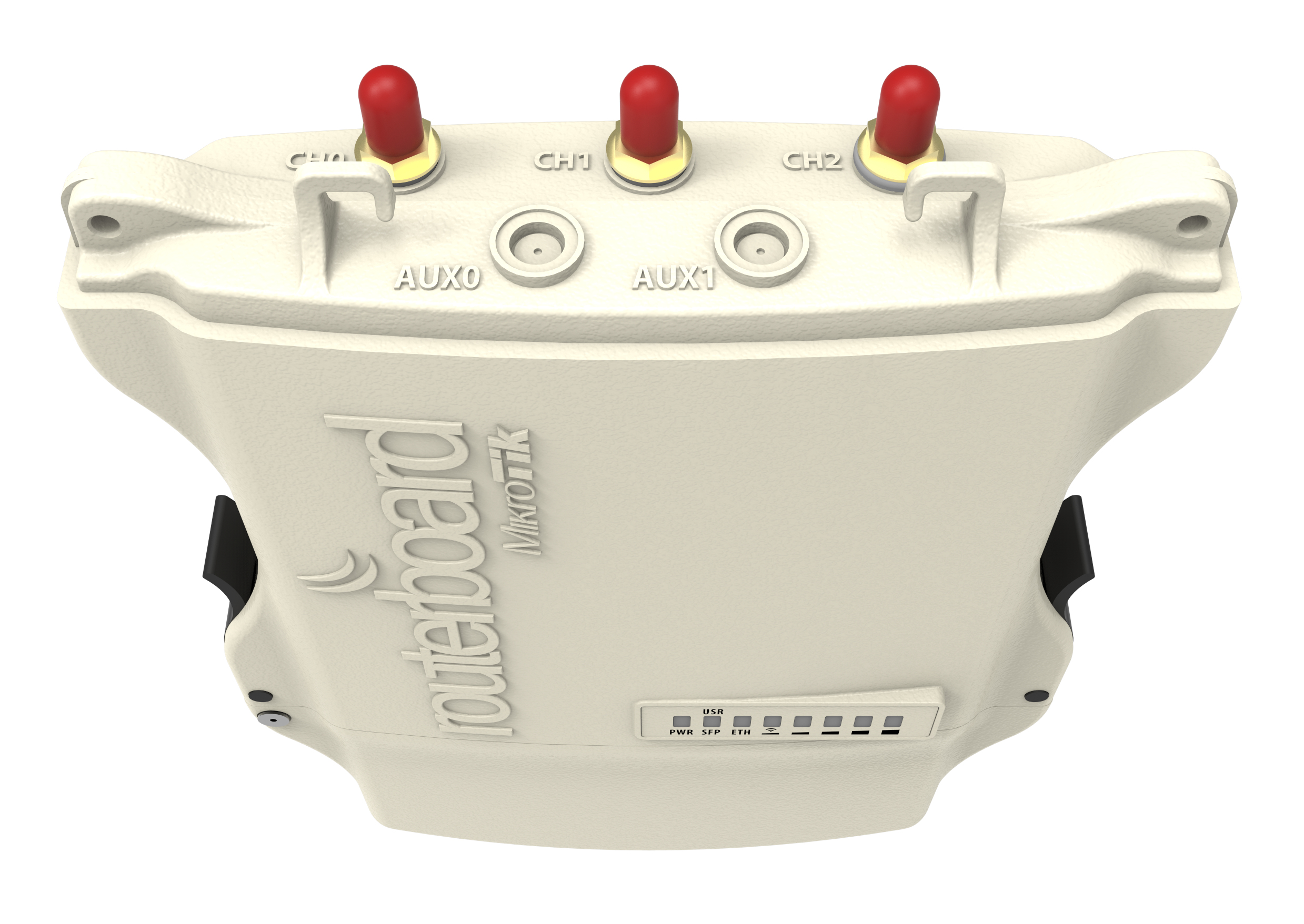 Dispositivo Routerboard Mikrotik con antenne e porte, vista dall'alto.