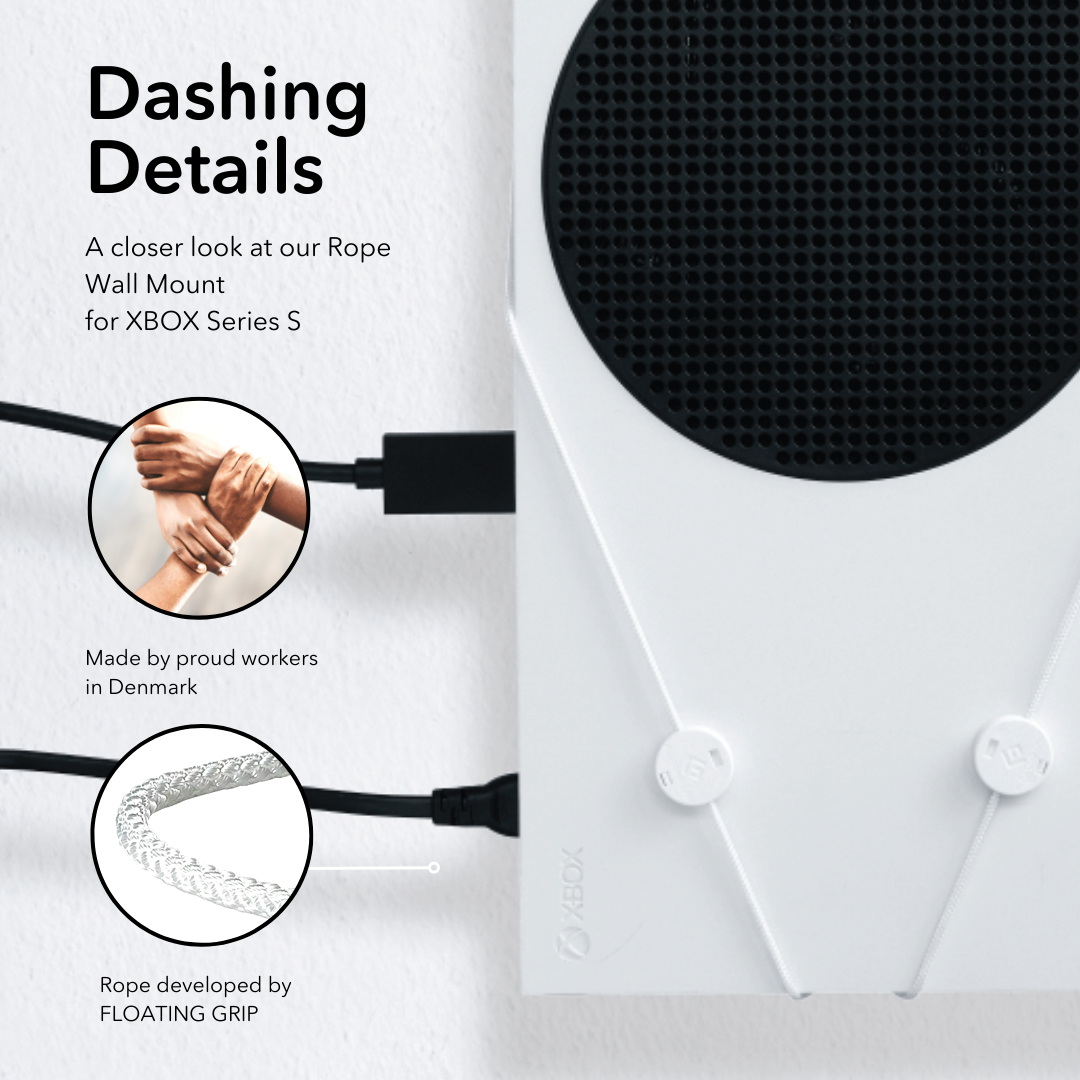 Uchwyt ścienny do Xbox Series S ze zbliżeniami i tekstem.
