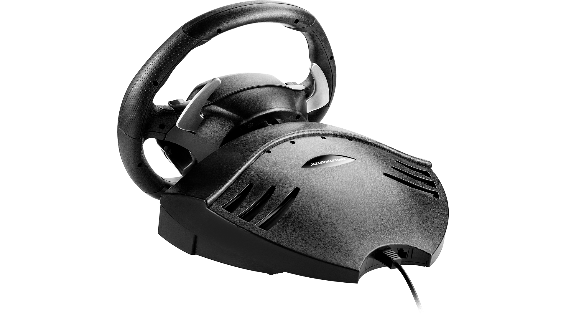 Schwarzer Lenkrad-Controller für Fahrspiele. Schwarze Farbe mit einigen grauen Details. Schwarzer Hintergrund.