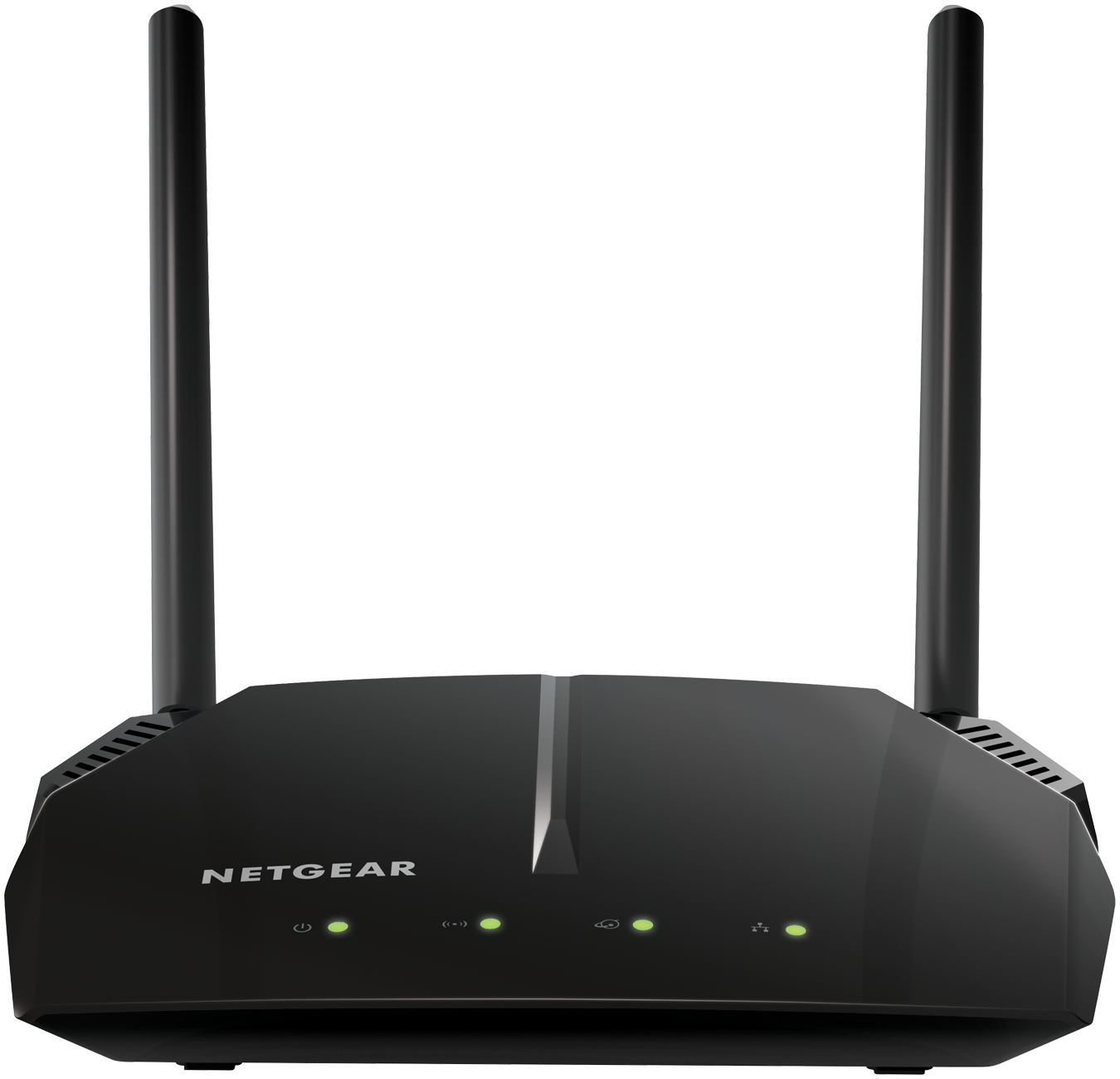 Czarny router NETGEAR z dwiema antenami na białym tle.