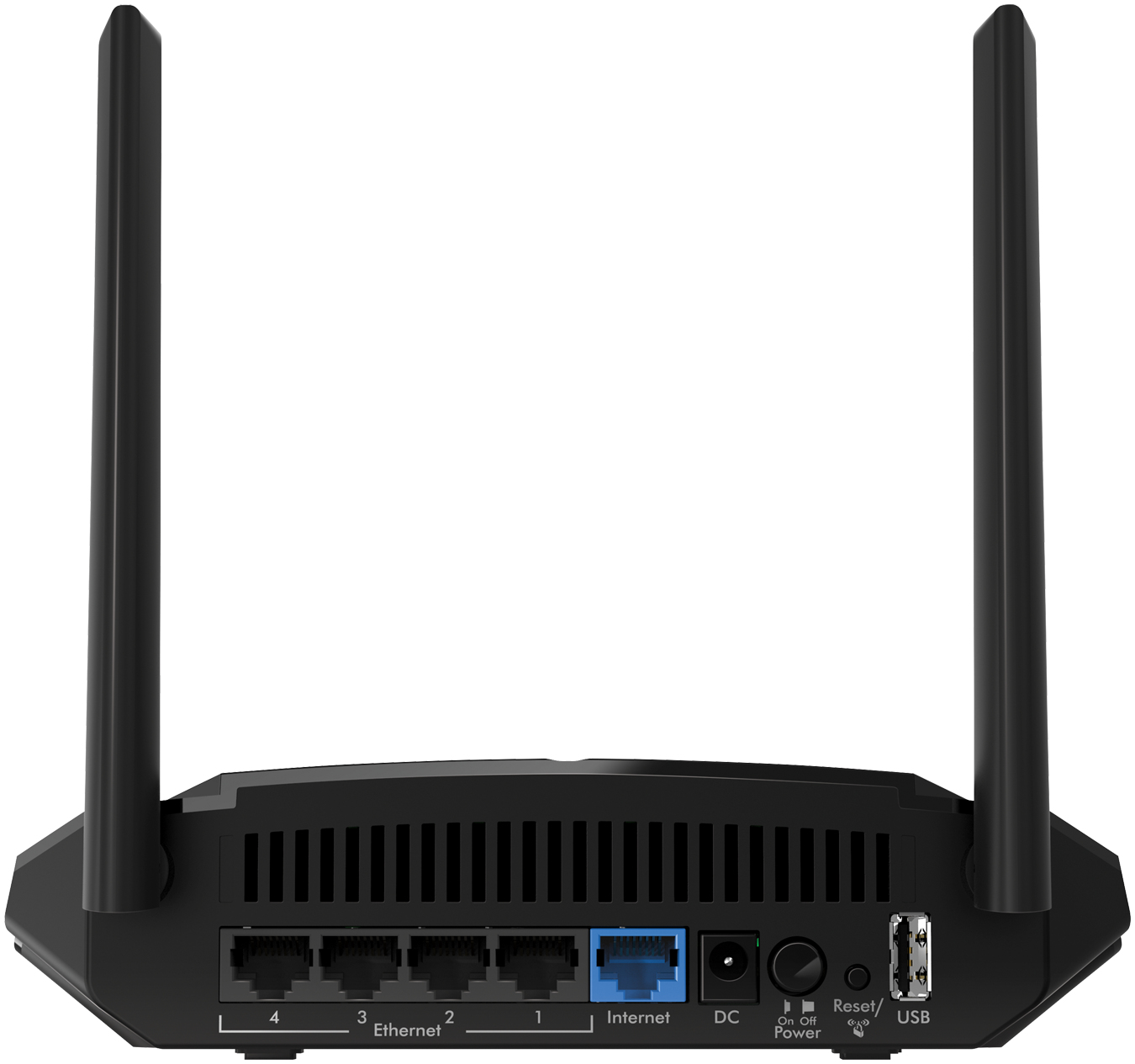 Czarny router z antenami i portami dla internetu, ethernetu i USB.