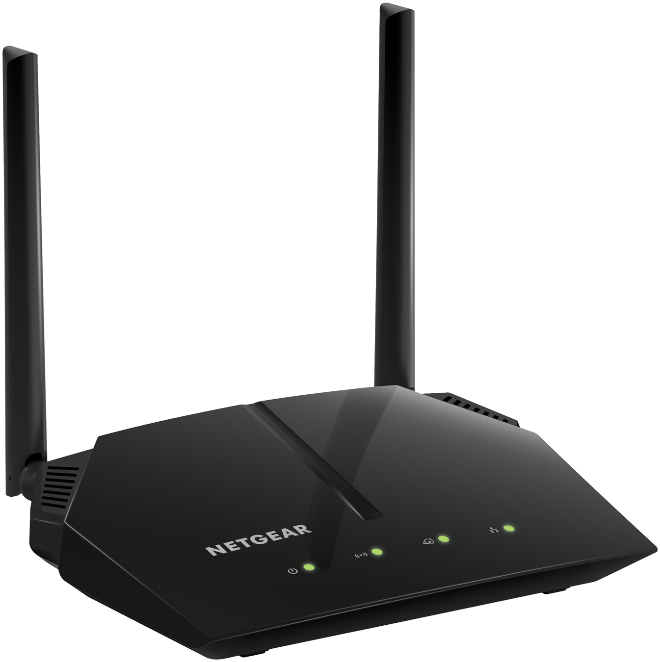 Czarny router Netgear z dwiema antenami i trzema zielonymi światłami, białe tło.