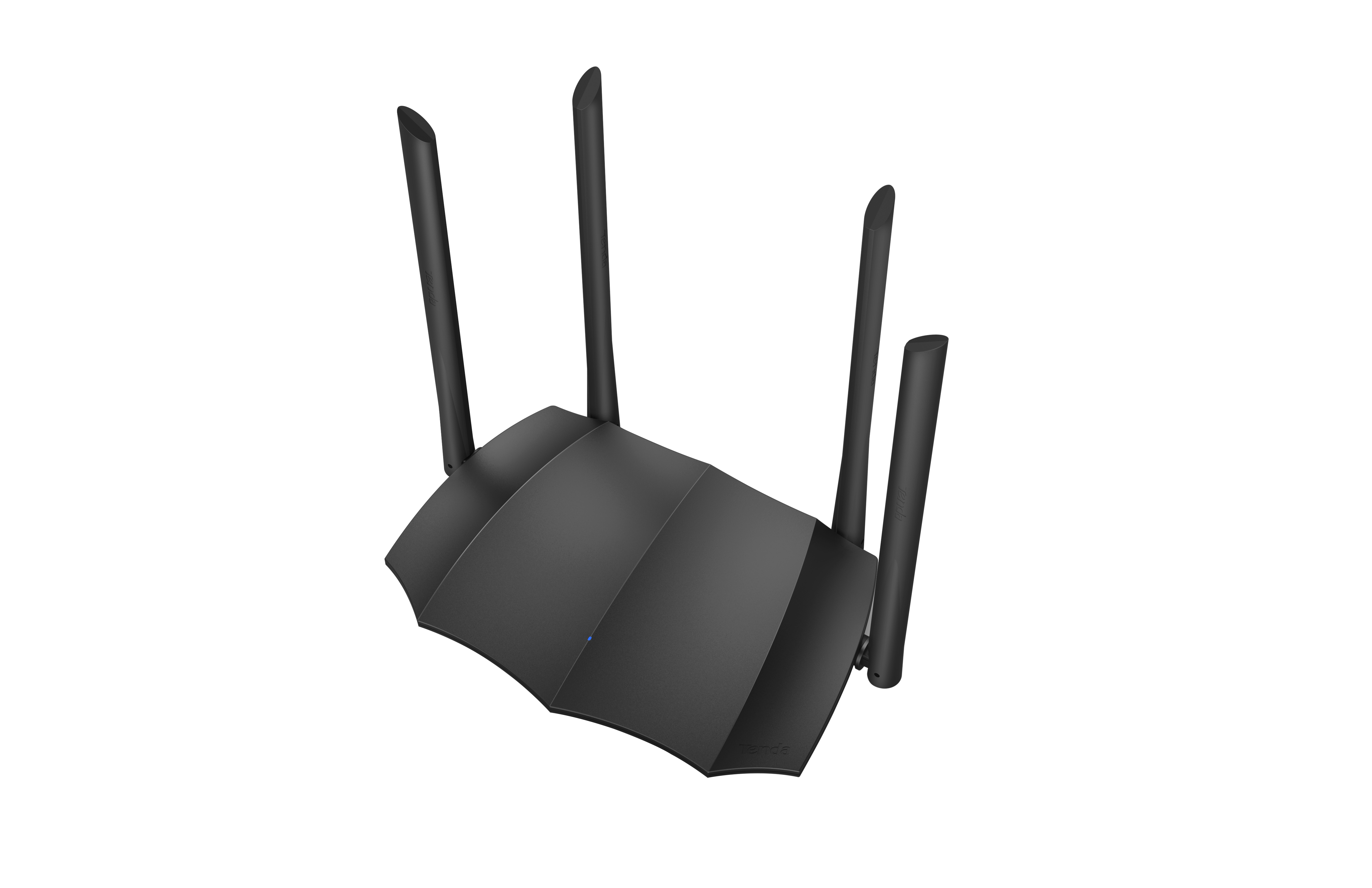 Czarny router z czterema antenami, widok z góry na białym tle.