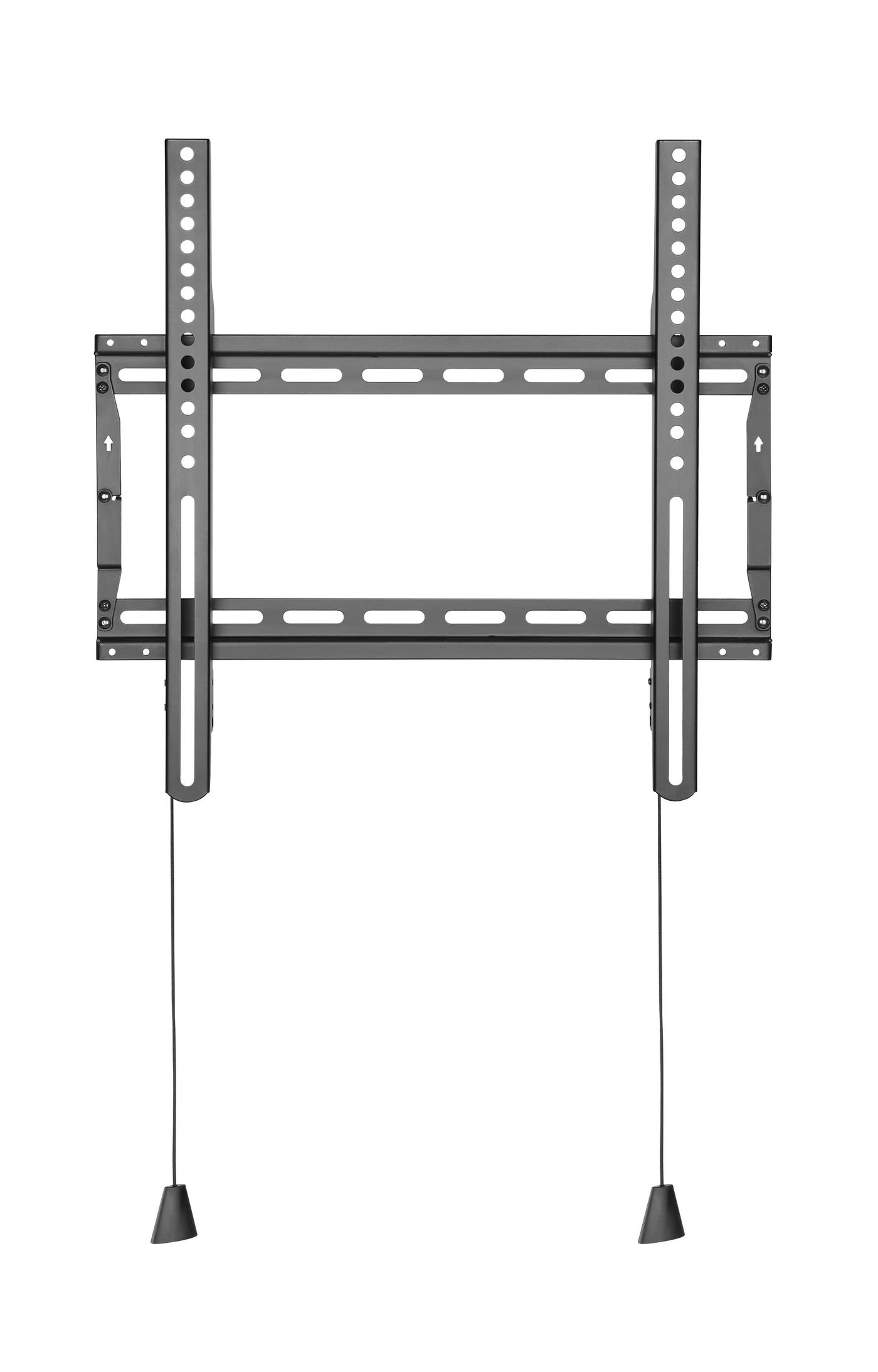 Schwarze TV-Halterung mit zwei Aufhängegurten. Hardware sichtbar.
