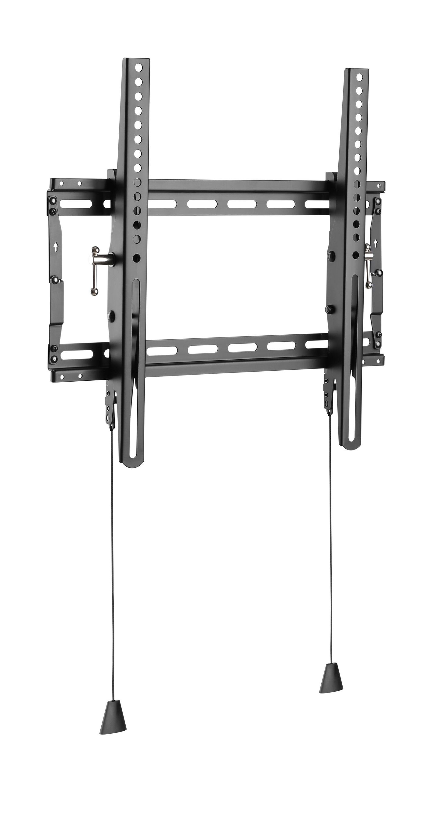 Schwarze TV-Wandhalterung mit Befestigungsmaterial und Hängekabeln.
