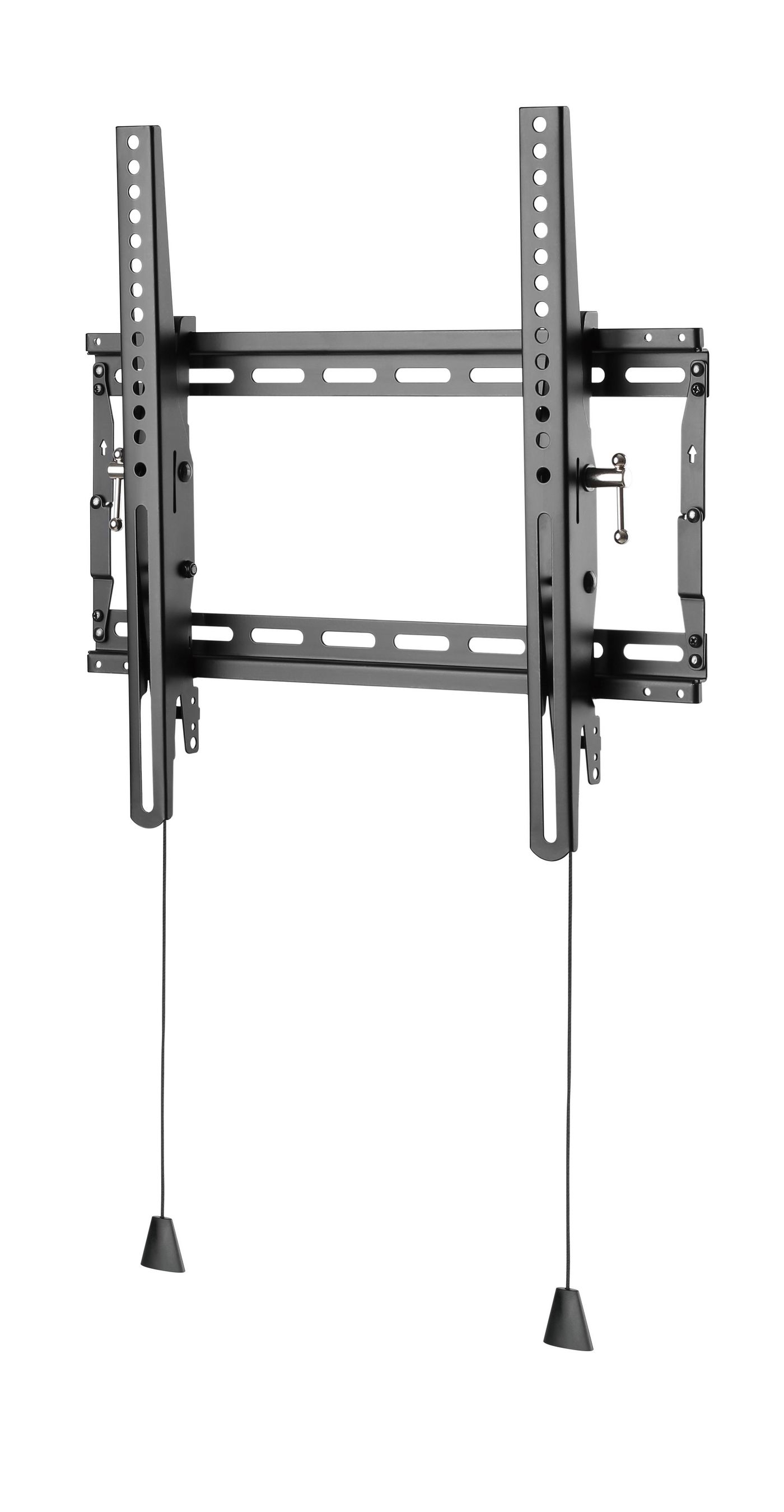 Eine schwarze TV-Wandhalterung mit Aufhängeschlaufen. Die Halterung ist aus Metall und hat mehrere Löcher.