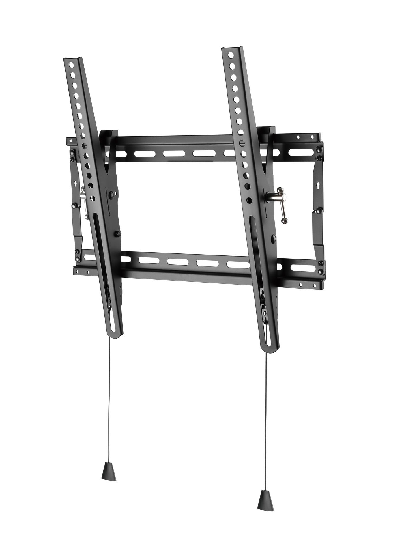 Schwarze TV-Wandhalterung mit zwei vertikalen Schienen und Hängekabeln.