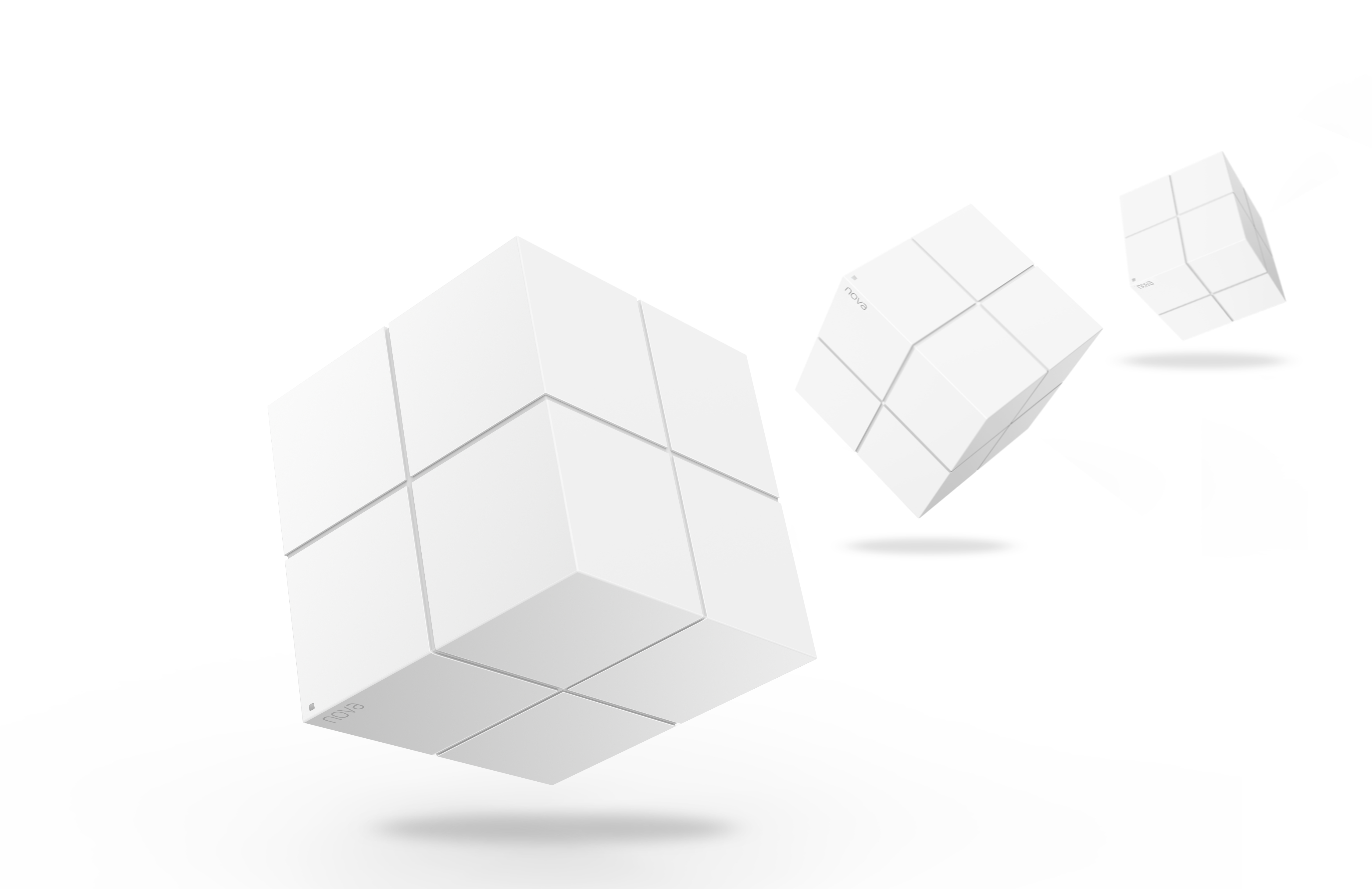 Trzy białe kostki unoszące się w przestrzeni. Każda jest podzielona liniami. Białe tło.