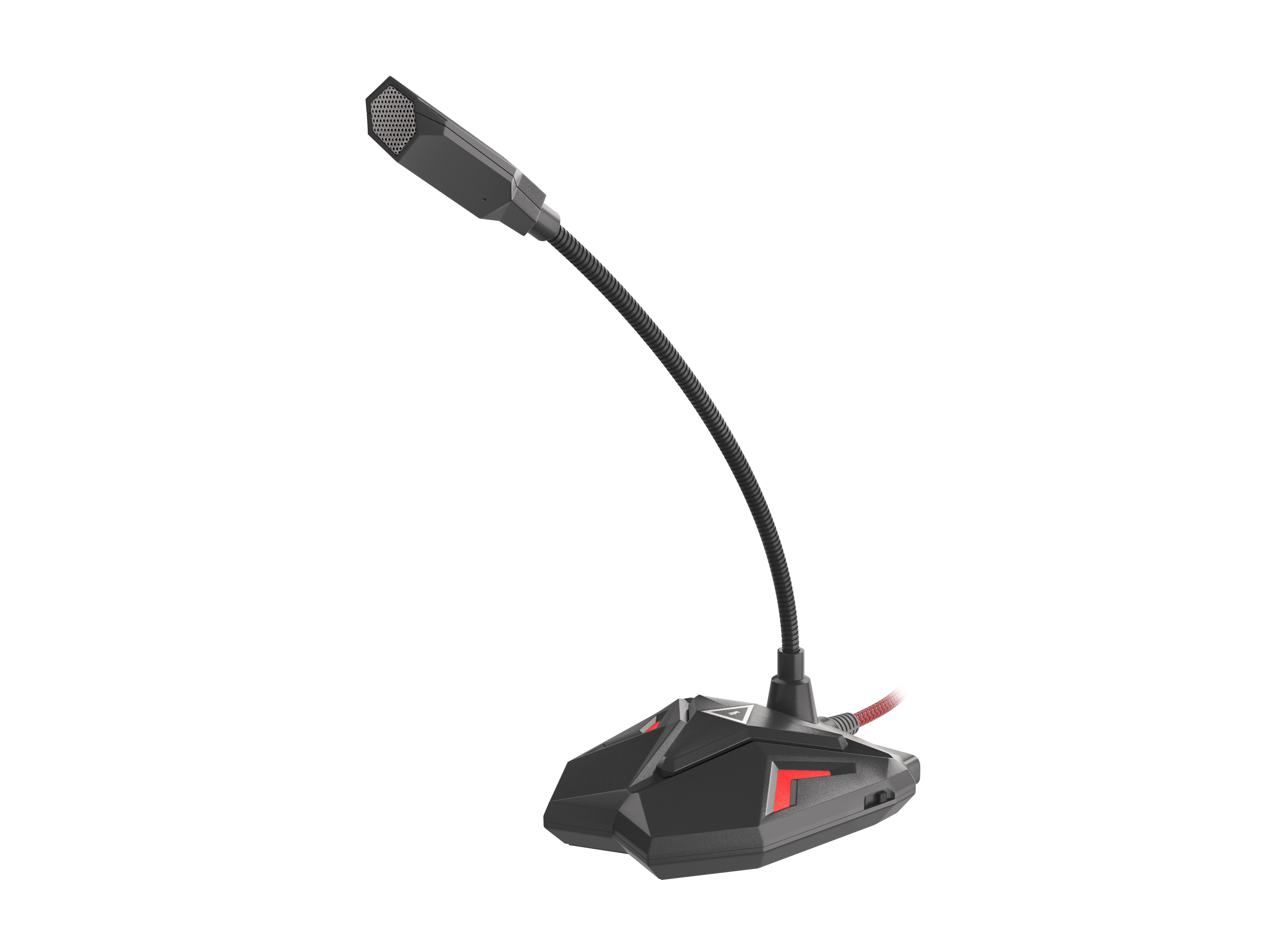 Microfono da gaming nero con braccio flessibile e cavo rosso, su una base nera.