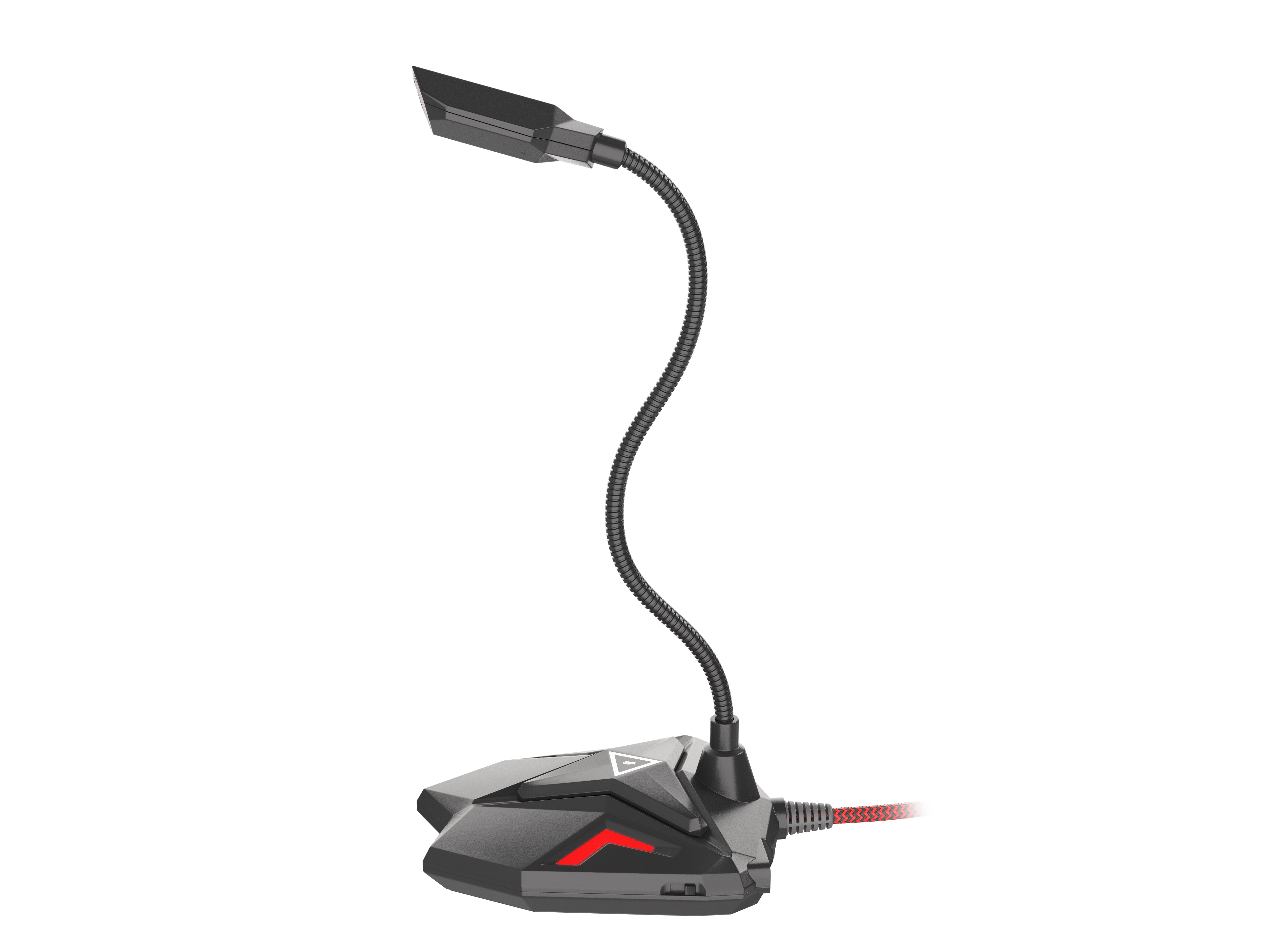 Microfono nero e rosso con collo flessibile e base triangolare. È un microfono per il gaming.