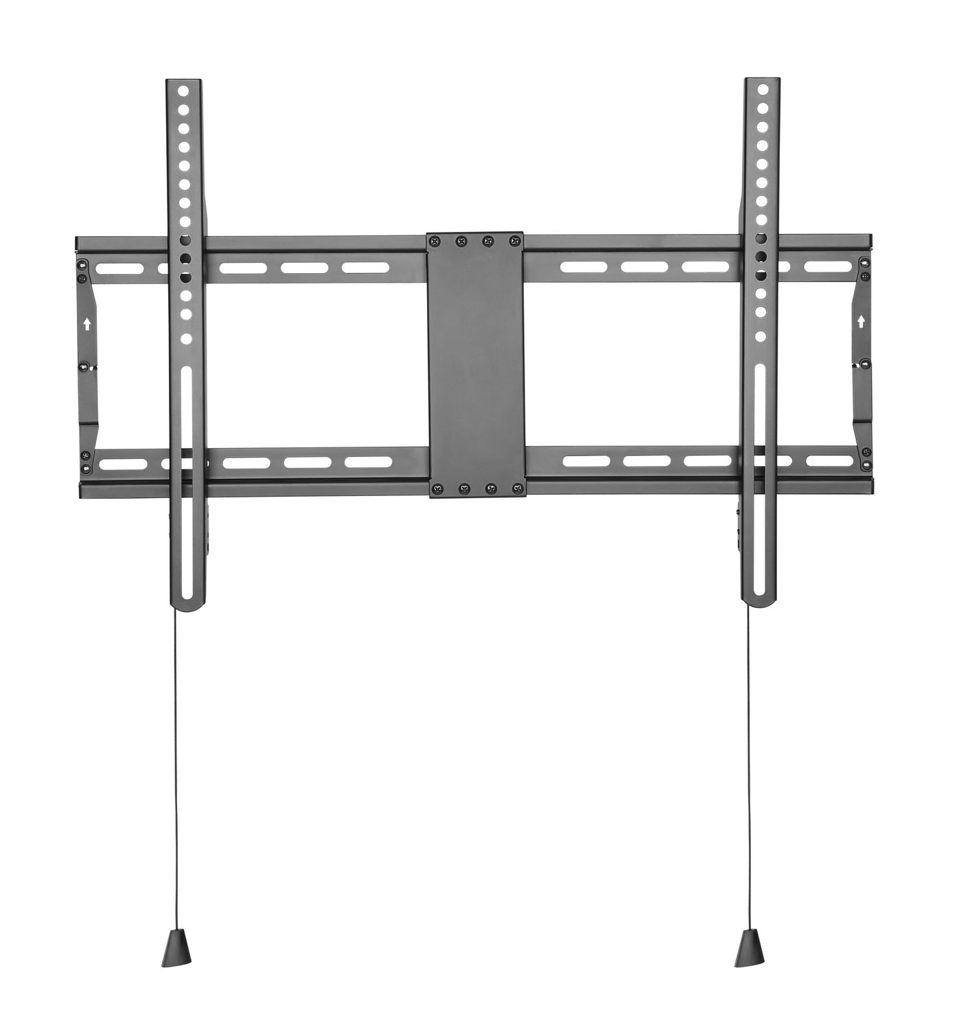 TV-Wandhalterung. Schwarzes Metall, zwei vertikale Stützbalken und Hängeschnüre.
