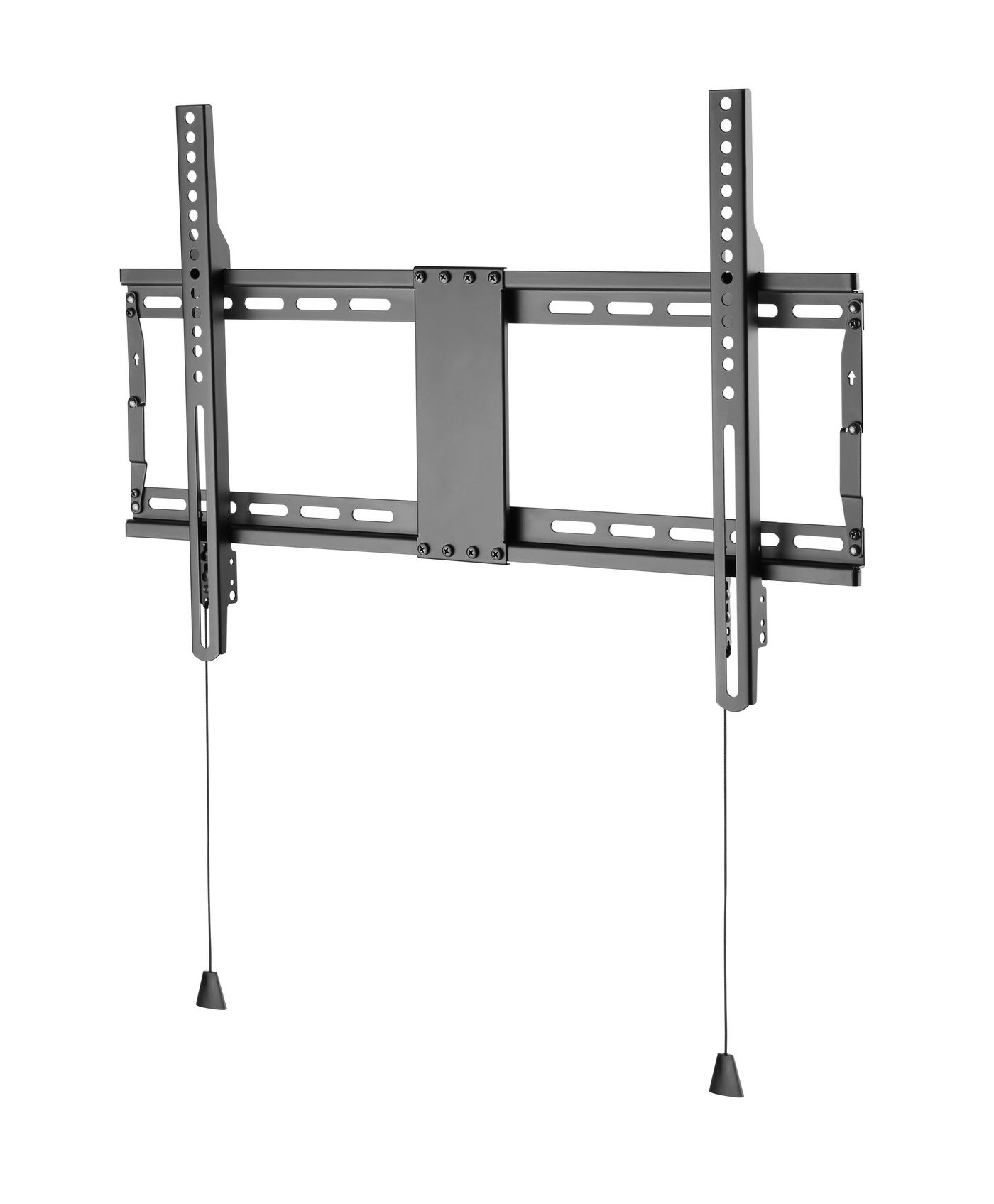 Schwarze TV-Wandhalterung. Metallkonstruktion mit Befestigungslöchern und Hängekabeln.