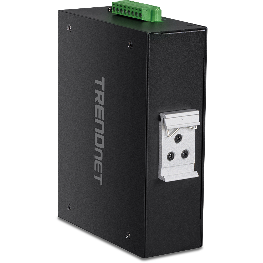 Zwart TRENDnet-apparaat met TRENDnet-logo. Groene connector en montagebeugel.
