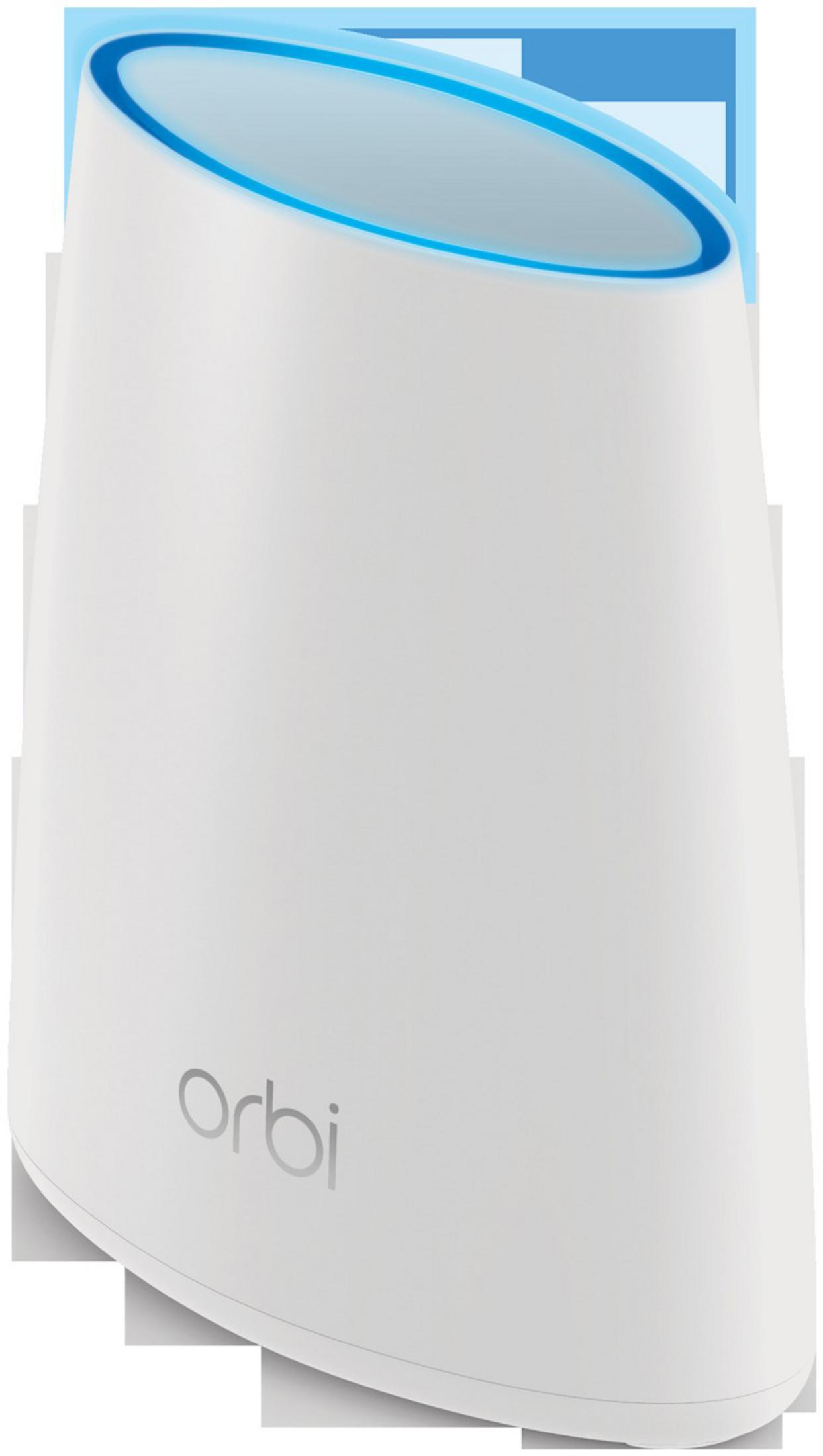 Weißer, abgerundeter Kegel mit blauem Licht oben. Orbi-Logo unten. Weißer Hintergrund.