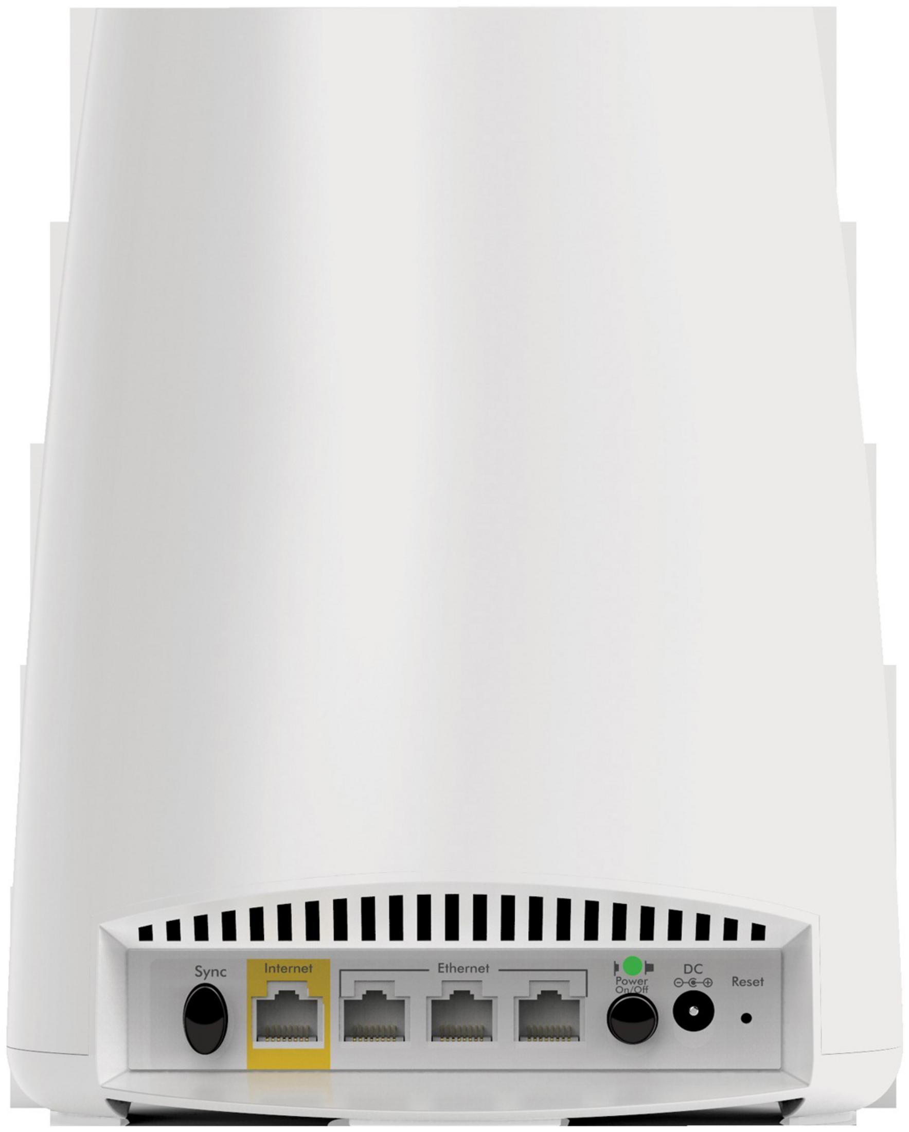 Weißer Router mit Anschlüssen auf der Rückseite. Enthält Internet, Ethernet, Strom und Reset.