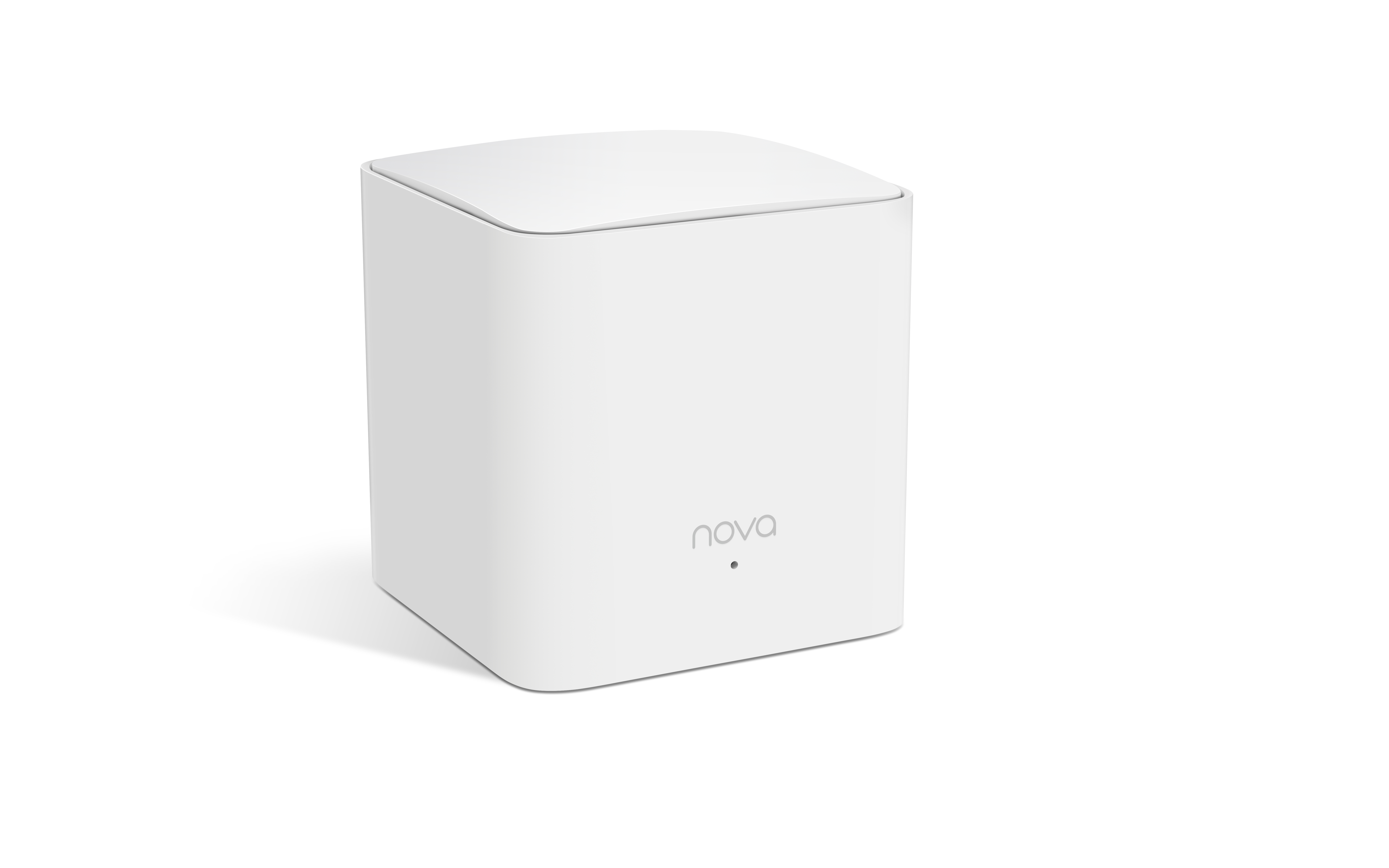 Dispositivo bianco e quadrato con una piccola spia luminosa. Ha angoli arrotondati e una superficie liscia.